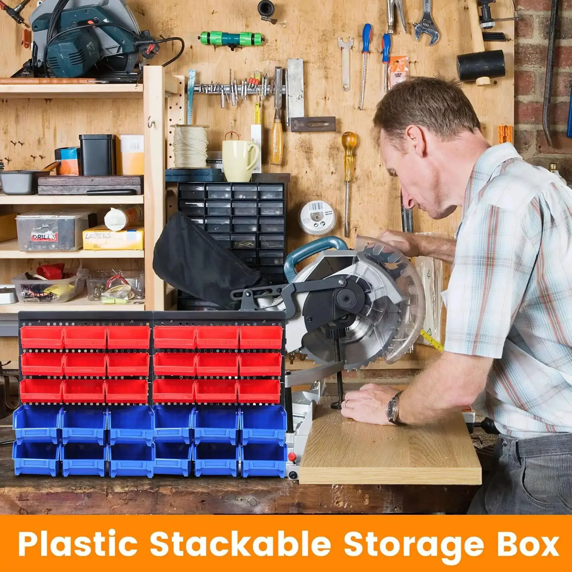 All In One Wall Mount Storage Rack With 30 Bin Heavy Duty Organizer For Nuts Bolts Screws Nails Beads Buttons And Small Parts For Garage Home And Workshop Blue And Red Bins - Image 3