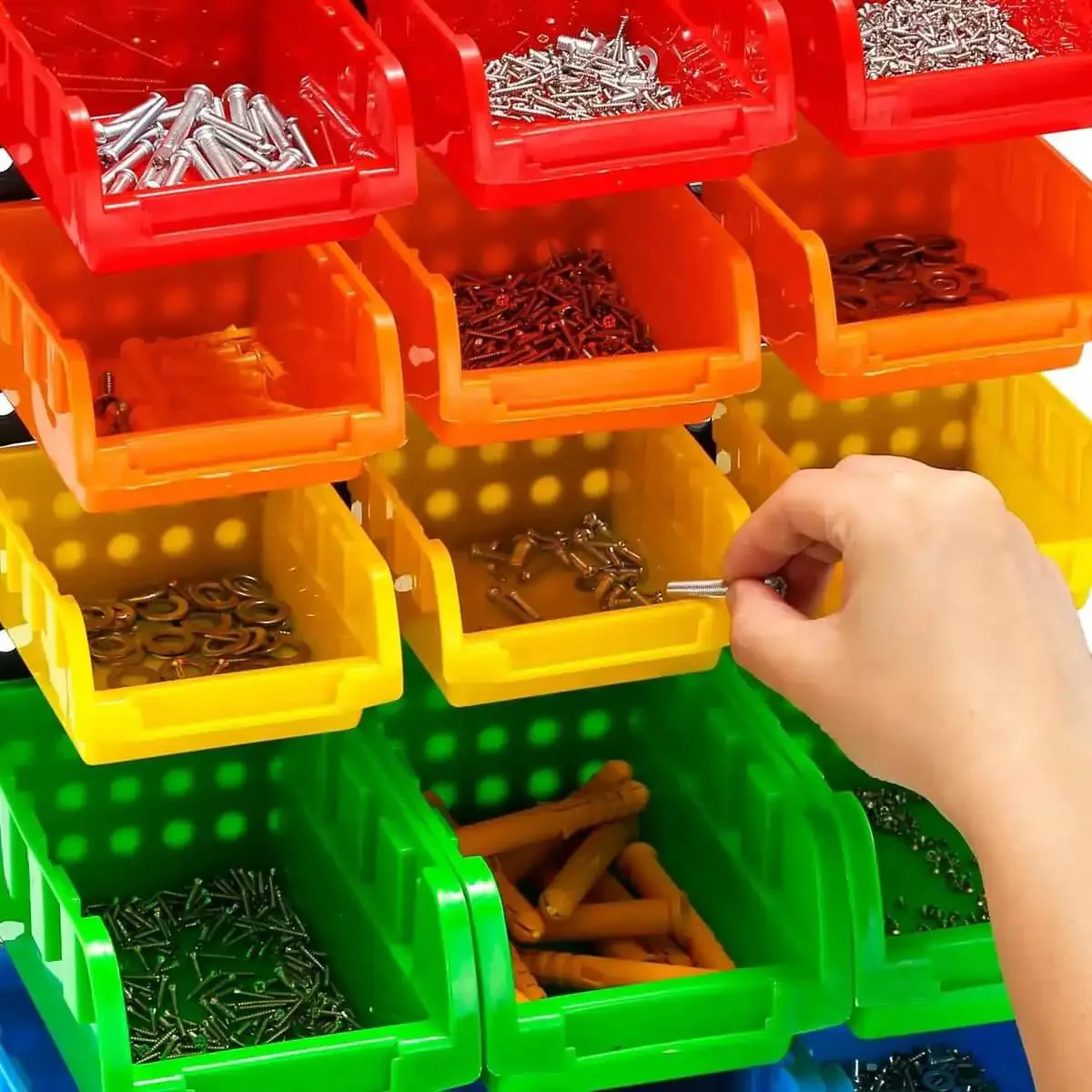 All In One Wall Mounted Storage Bins Kit For Tools And Hardware With Pegboard Organizer Rack And 30 Bins In Five Color Parts For Easy ID, Garage Storage System, DIY Bin Kit For Craft Room And Workshop Organization - Image 2