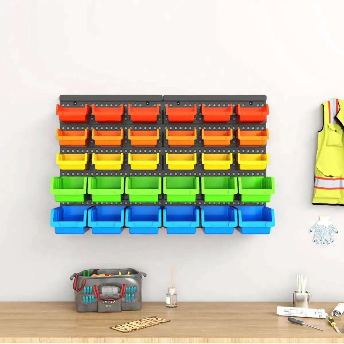 All In One Wall Mounted Storage Bins Kit For Tools And Hardware With Pegboard Organizer Rack And 30 Bins In Five Color Parts For Easy ID, Garage Storage System, DIY Bin Kit For Craft Room And Workshop Organization - Image 3