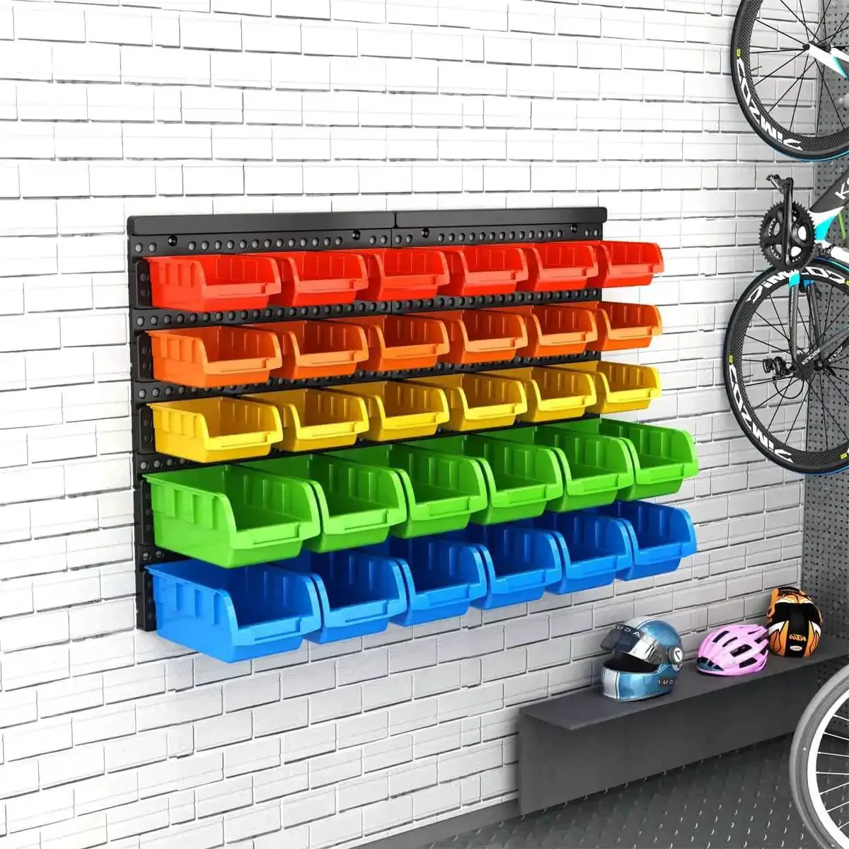 All In One Wall Mounted Storage Bins Kit For Tools And Hardware With Pegboard Organizer Rack And 30 Bins In Five Color Parts For Easy ID, Garage Storage System, DIY Bin Kit For Craft Room And Workshop Organization - Image 4