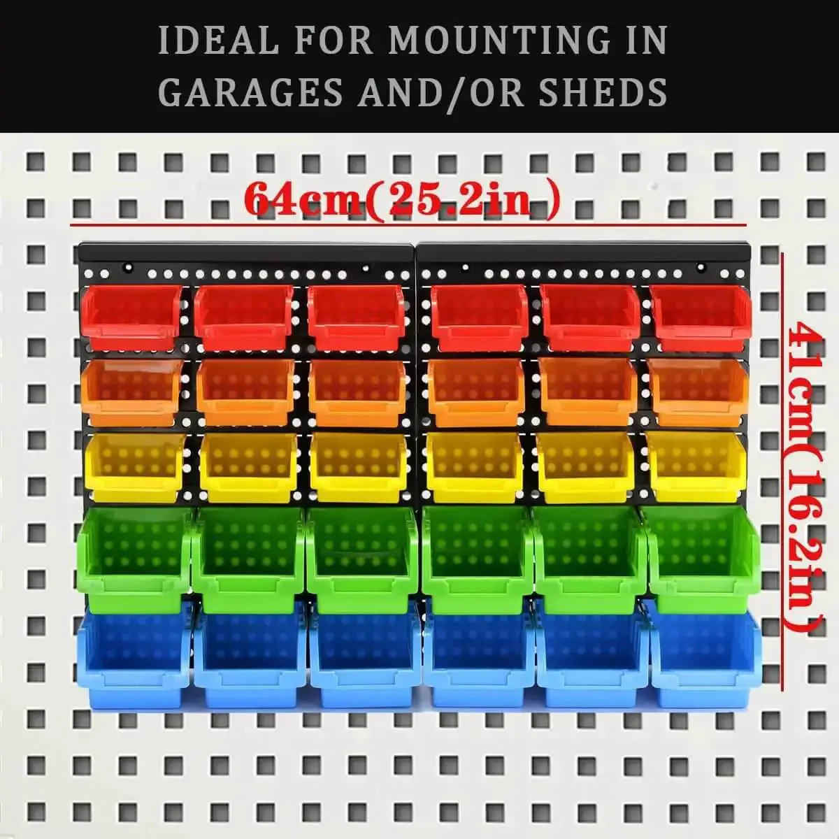All In One Wall Mounted Storage Bins Kit For Tools And Hardware With Pegboard Organizer Rack And 30 Bins In Five Color Parts For Easy ID, Garage Storage System, DIY Bin Kit For Craft Room And Workshop Organization - Image 7