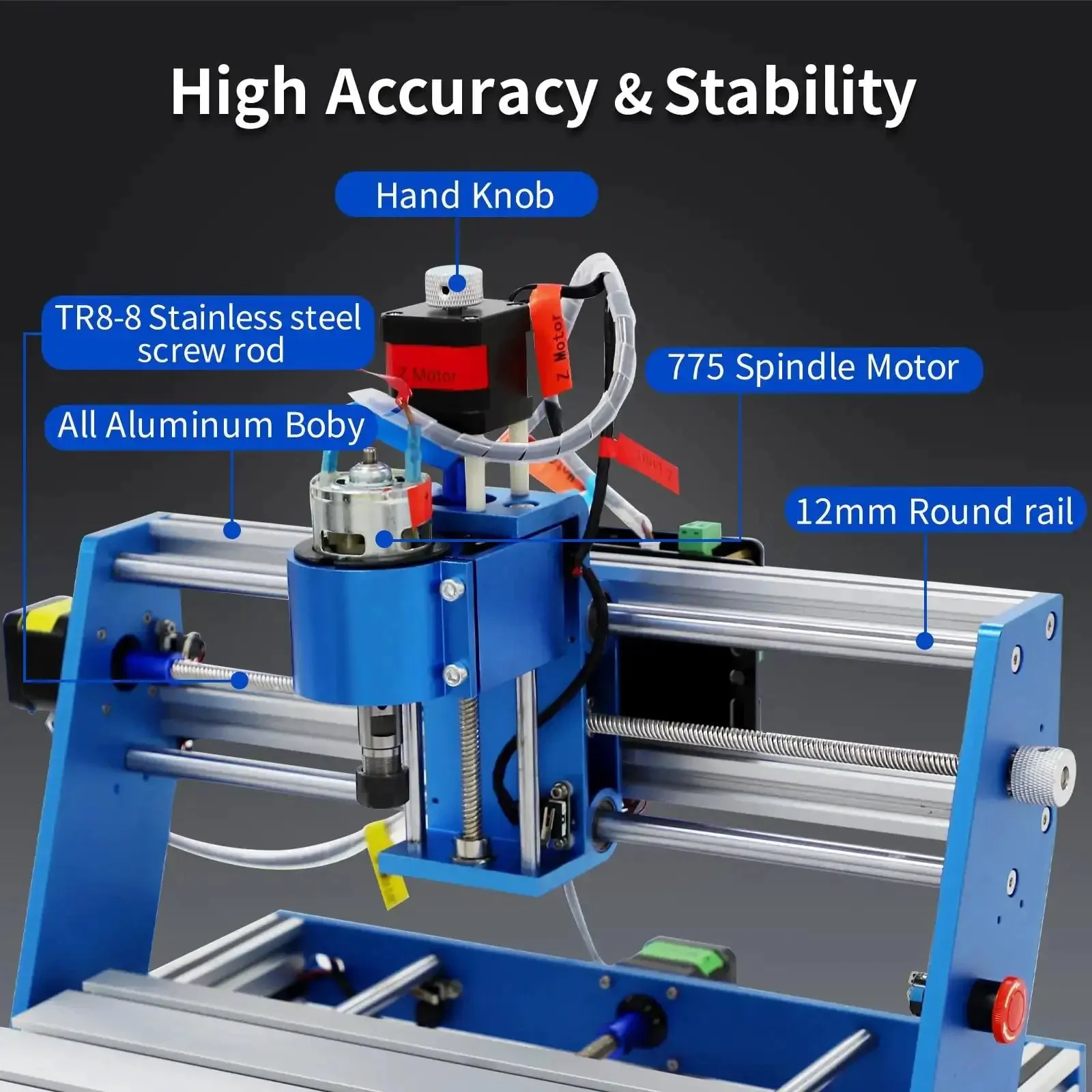 All Metal 3 Axis CNC Router Kit With Emergency Stop For Wood Plastic PCB Acrylic PVC Engraving, 300x180x60mm Working Area, Beginner Friendly Setup In Minutes, Beefy Mini Milling And Engraving Machine - Image 6