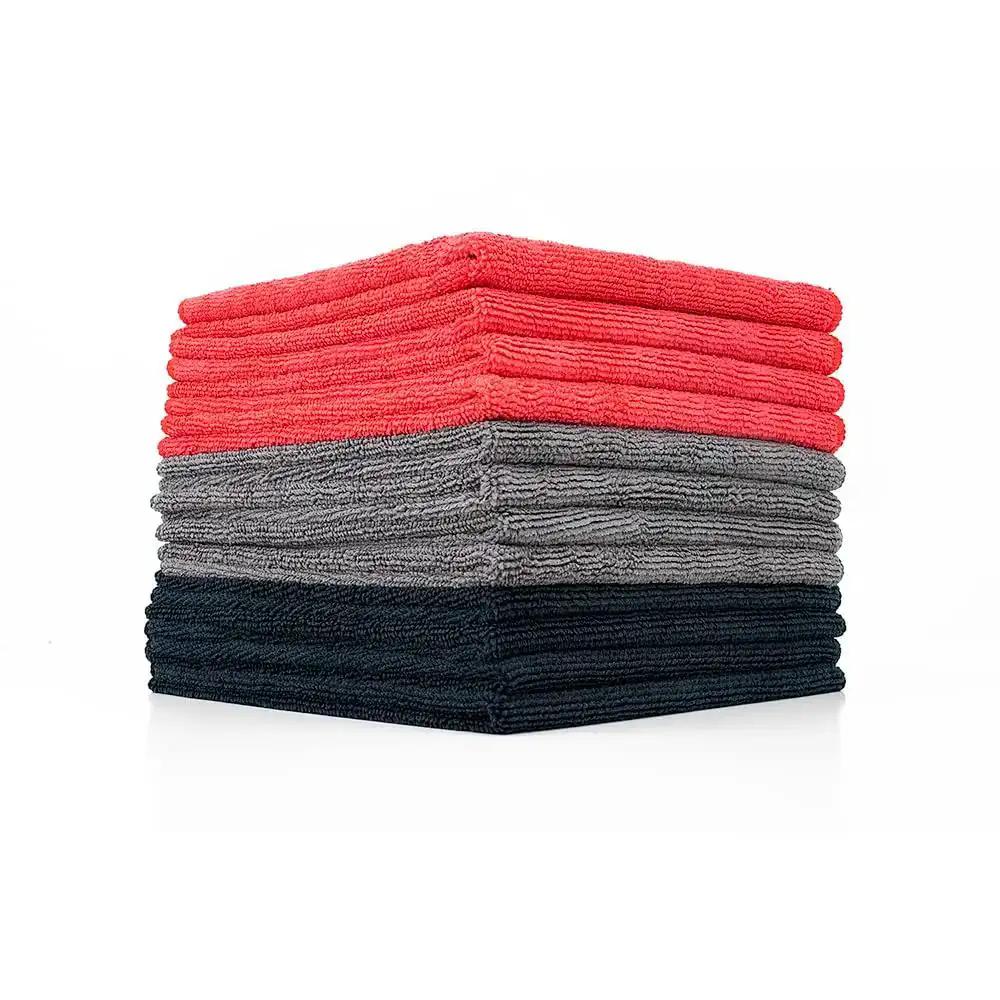 All-Purpose Microfiber Cleaning Towels Pack 12, 16x16 Inches, 300gsm, Highly Absorbent, Lint-Free and Streak-Free, Kitchen and Bath Workhorse, Pro-Grade, Red Grey Black