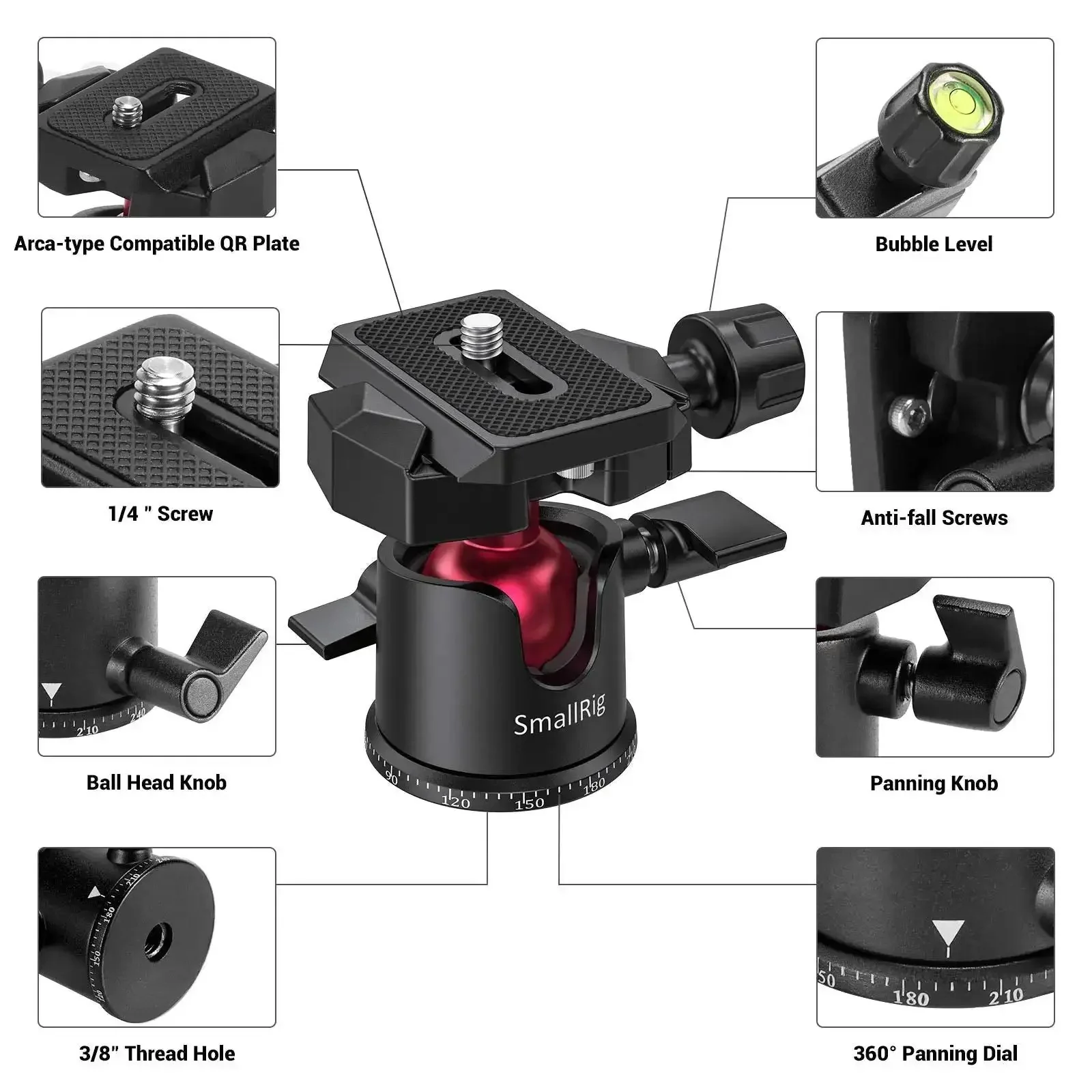All Purpose Mini Ball Head For Tripods And Monopods 360 Degree Panoramic Rotation With One Quarter To Three Eighths Screw Adapter And Quick Release Plate Compatible With DSLR Camcorders GoPro Phones Sliders Max Load 2kg - Image 7