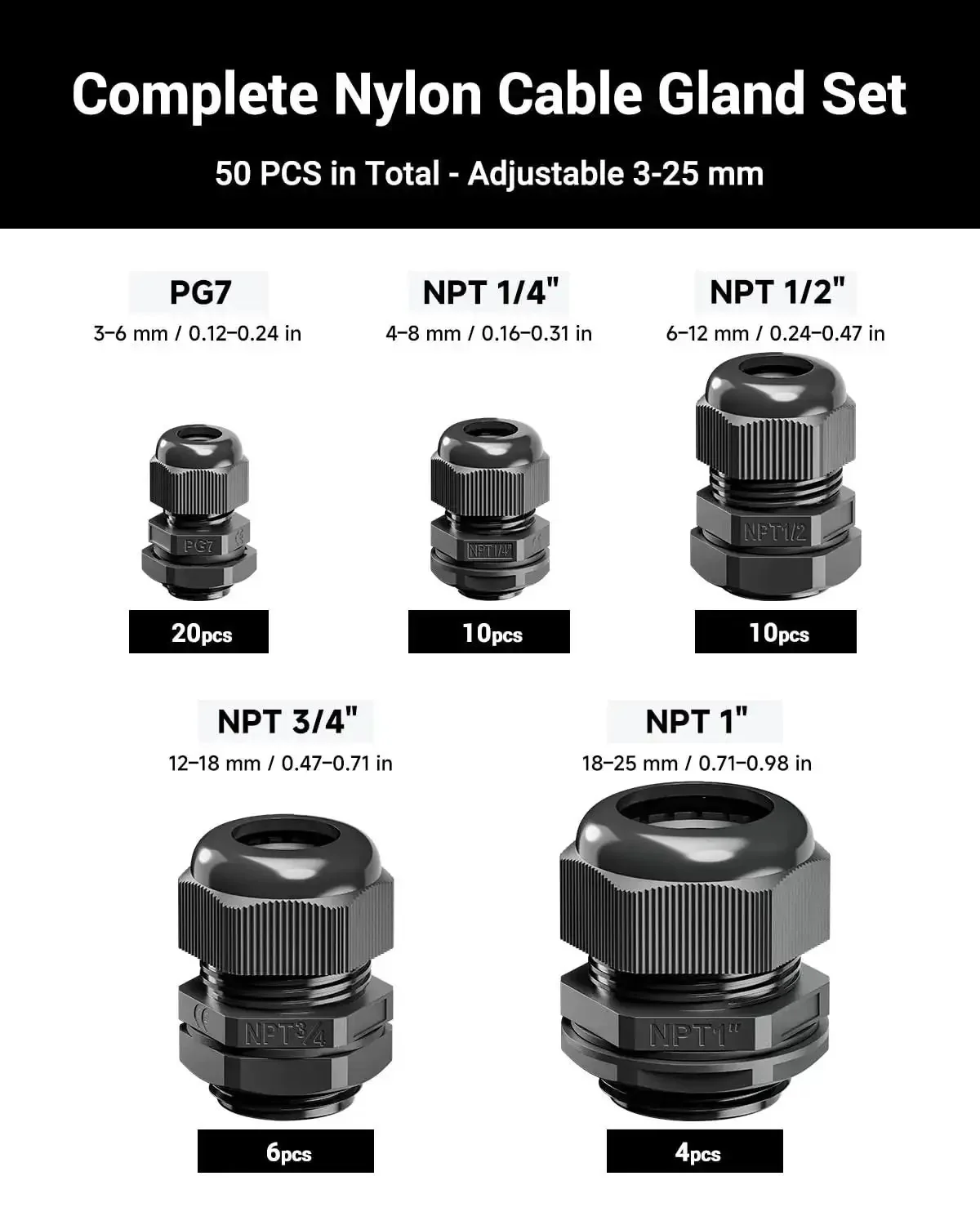 All Purpose Nylon Waterproof Cable Gland Kit 50 Pcs IP68 With PG7 NPT One Quarter Inch One Half Inch Three Quarter Inch One Inch Threads Cord Grip PA66 Strain Relief Wire Grommets Black Perfect for Outdoor Industrial Marine Electrical Installations - Image 9