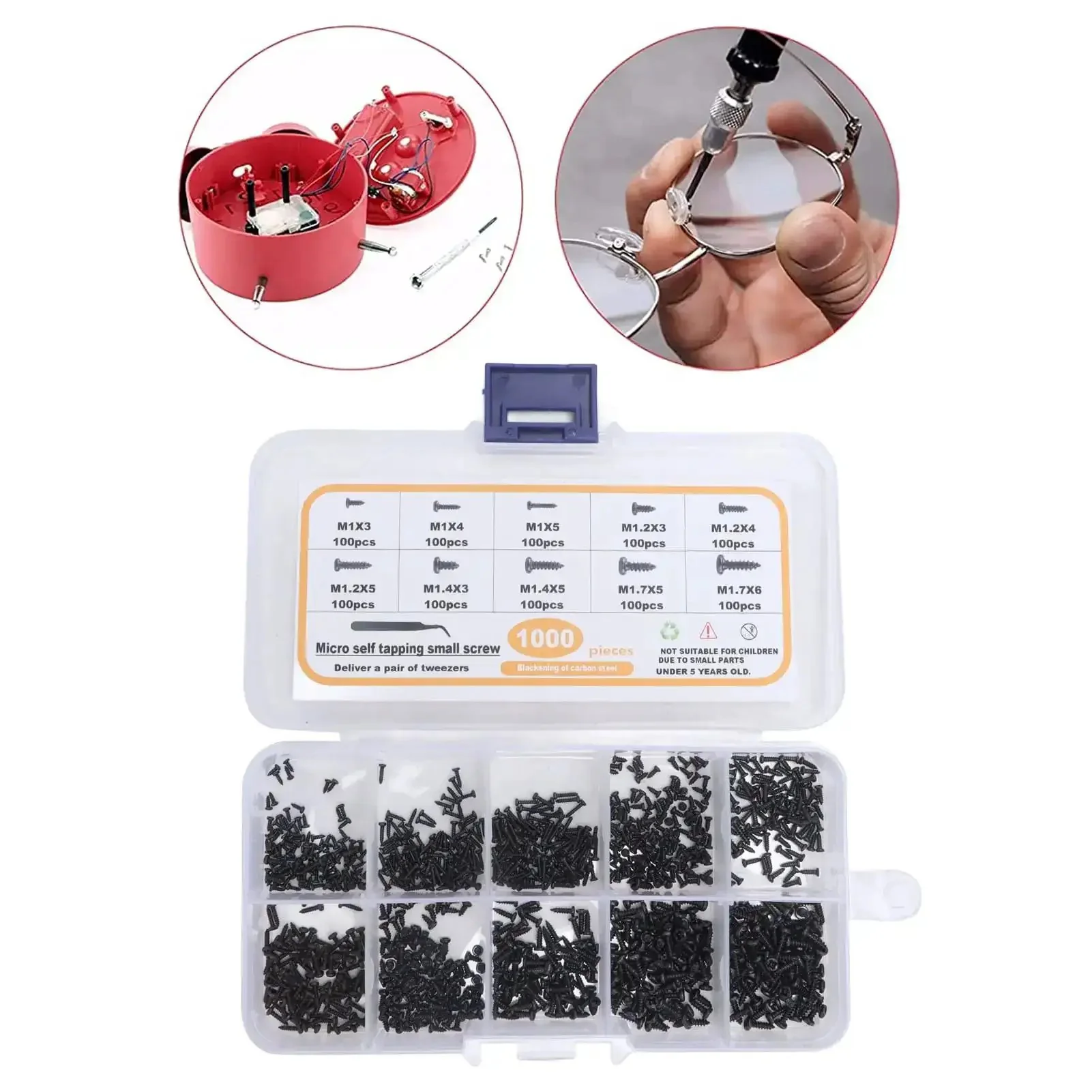 All You Need 1000 Pieces Carbon Steel Cross Pan Head Self Tapping Screws Kit With Tweezers And Transparent Storage Box For Glasses Watches Clocks And Small Toys - Image 2