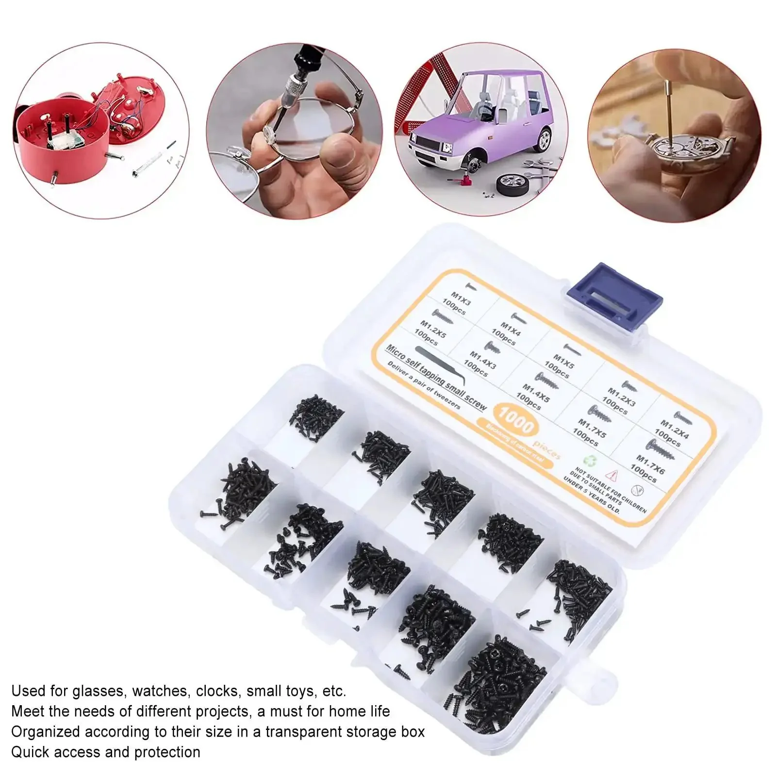 All You Need 1000 Pieces Carbon Steel Cross Pan Head Self Tapping Screws Kit With Tweezers And Transparent Storage Box For Glasses Watches Clocks And Small Toys - Image 8