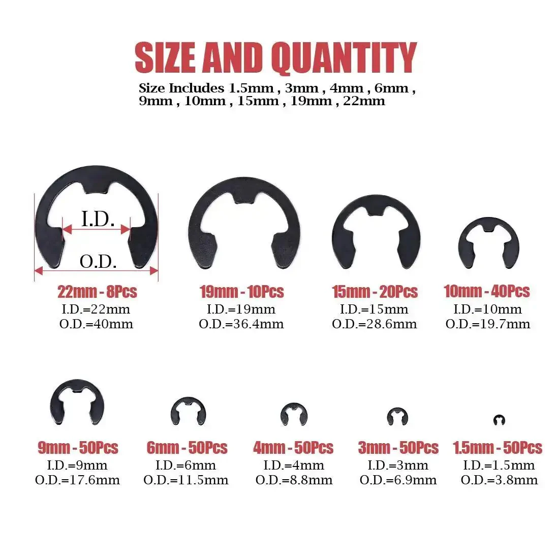 Alloy Steel External E Clip Retaining Ring Set 328 Piece Kit With 14 Sizes From 1.5mm To 15mm For Automotive Machinery And DIY Projects Durable Corrosion Resistant High Temperature Performance - Image 7