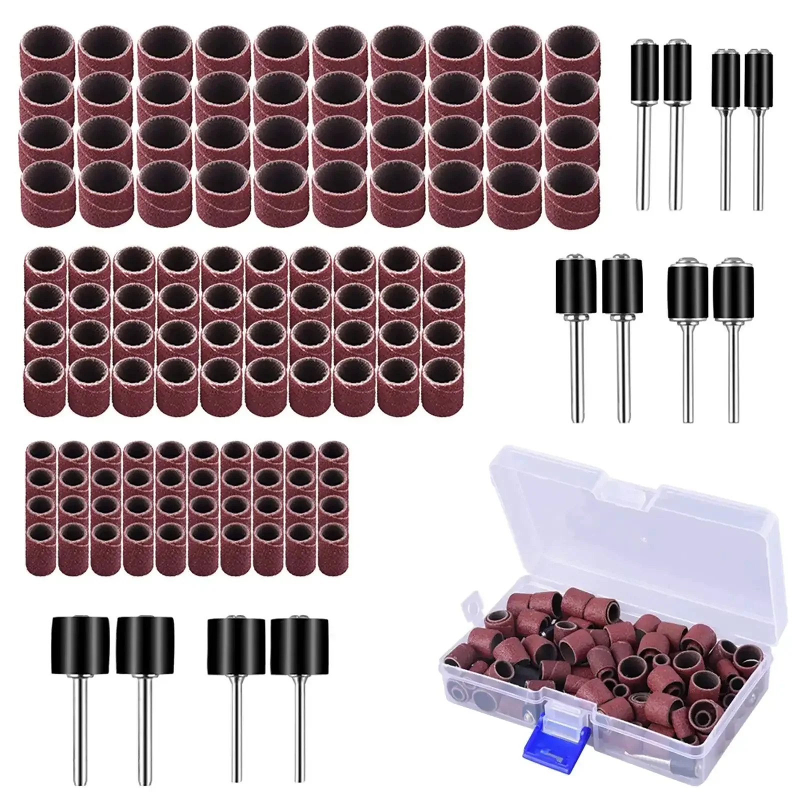 Aluminum Oxide Sanding Drum Set Kit With Free Box 132 Piece Pack Including 120 Sanding Sleeves In 3 Diameters And 12 Shank Drums For Dremel Rotary Tools DIY Friendly For Wood Metal Fiberglass Finishing