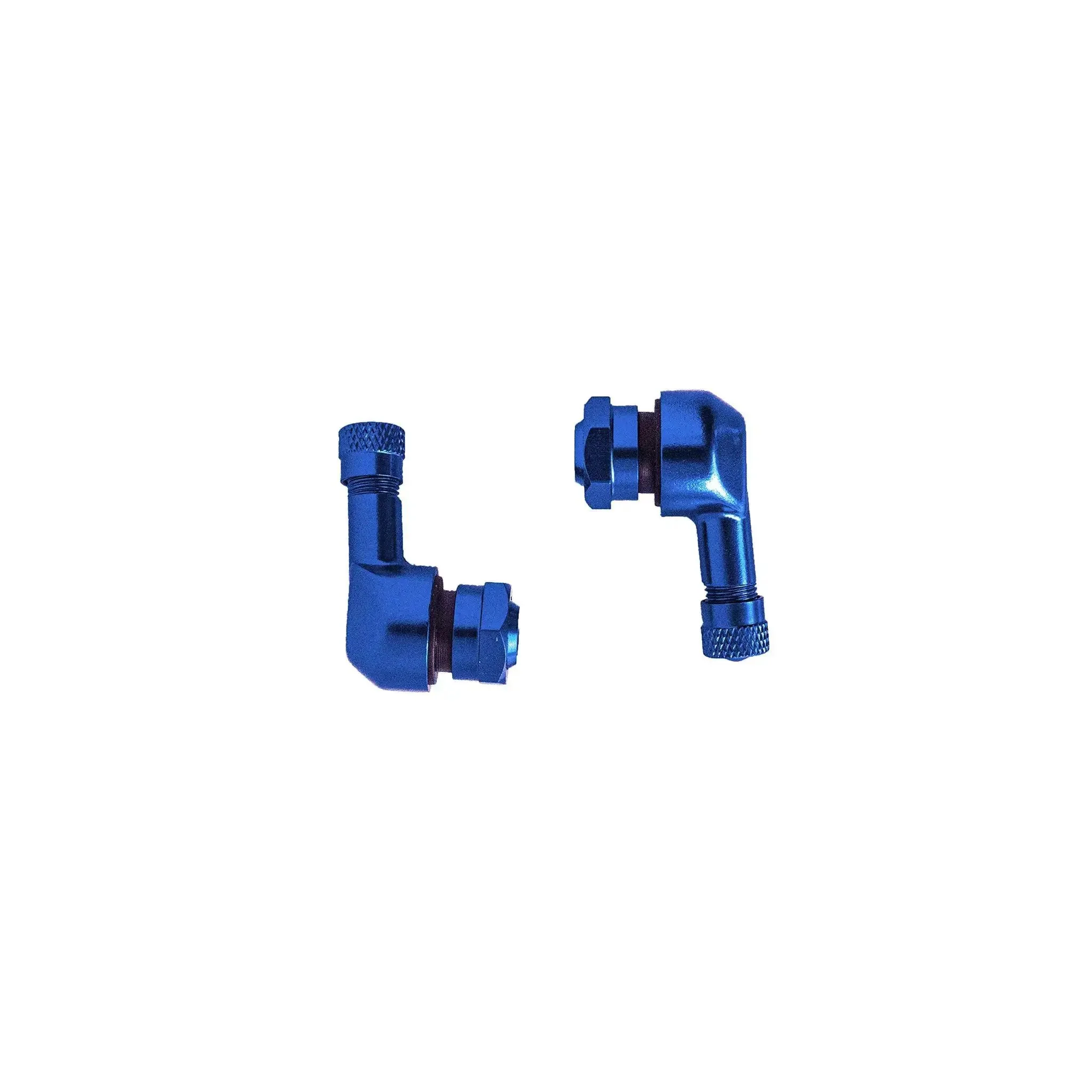 Angled Valve Stem Set With Pre Applied Threadlocker Nut Forged Aluminum Construction 0.357 Inch (8.3mm) Size Blue Finish Easy Inflation And Tire Pressure Check 2 Pack Fits Standard Rim Openings