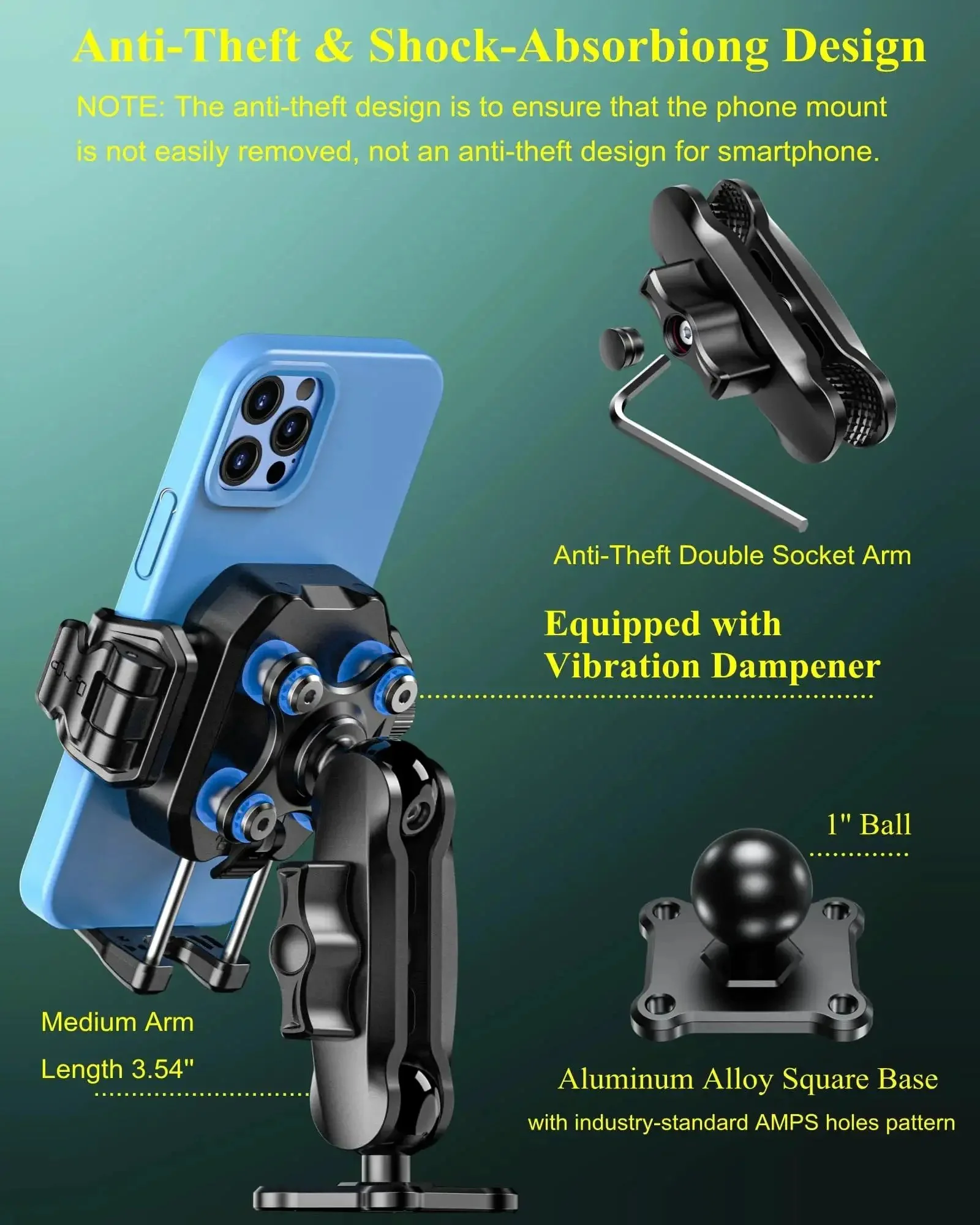 Anti-Theft Phone Mount With Vibration Dampener And 1 Second Lock Release Cam Friendly Aluminum Arm And Square Base For Cars Boats Trucks Motorcycles ATVs UTVs Fits 5.4 To 7.2 Inch Phones Secure Shock Absorbing Grip - Image 8