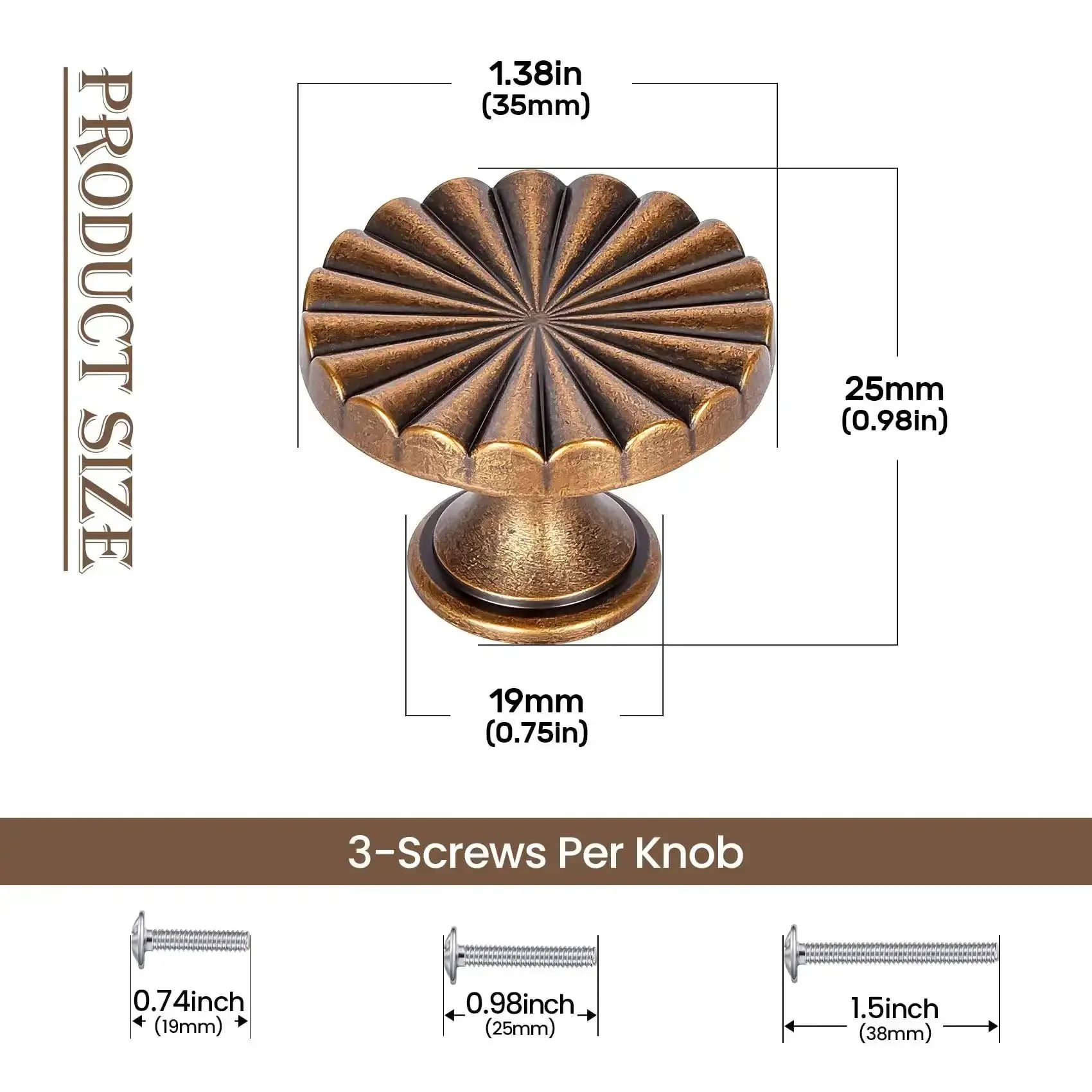 Antique Brass Cabinet Knobs Set 1.4 Inch Vintage Dresser Drawer Pulls 4 Pack With 3 Screw Sizes 19mm 25mm 1 Inch For Kitchen Cabinets Wardrobe Vanity Dresser Closet Farmhouse Rustic Modern Decor - Image 6