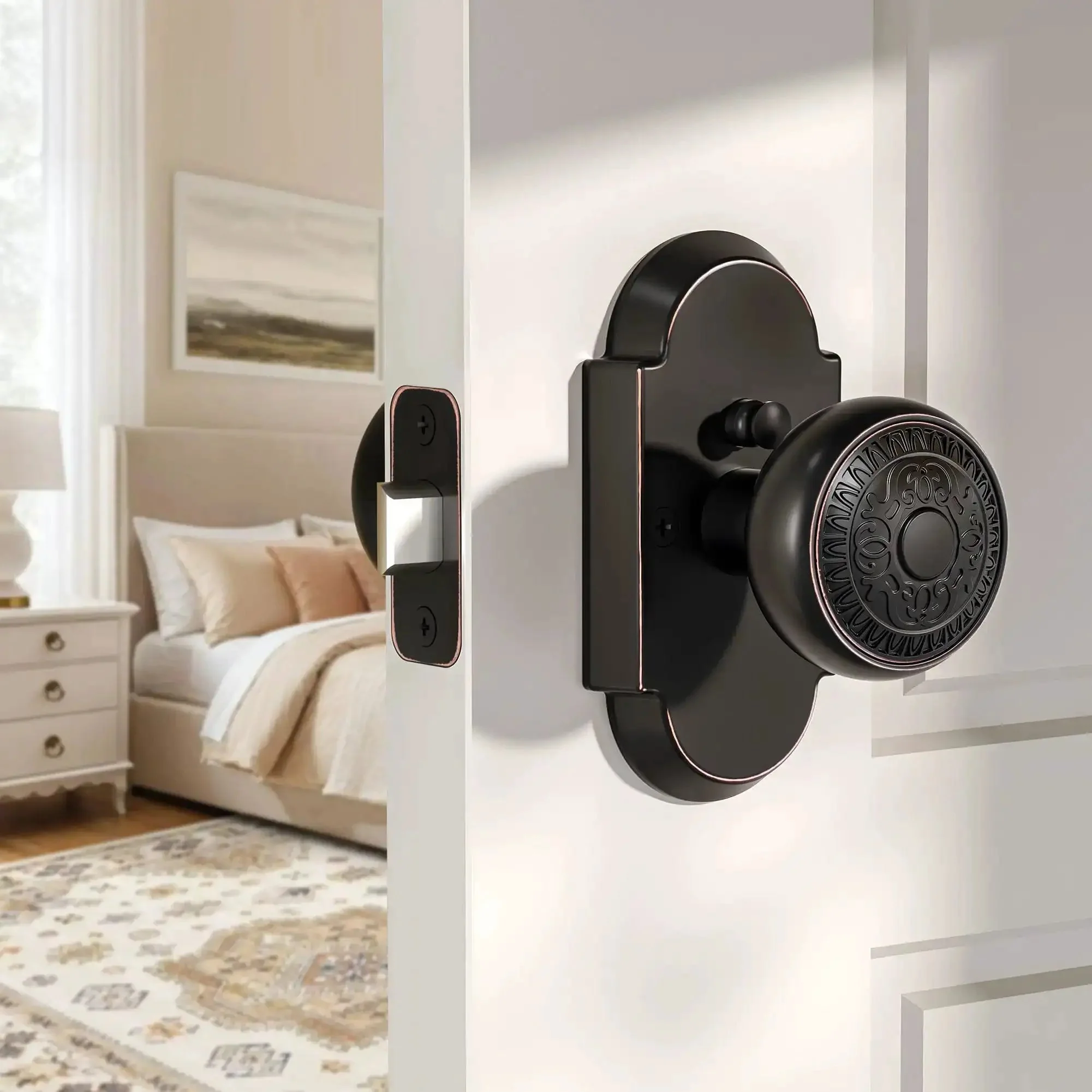 Antique Privacy Door Knob With Push Button Lock For Bedroom And Bathroom, Vintage Zinc Alloy Door Handle In Oil Rubbed Bronze, Keyless Interior Entry, Dead Easy Install, 1 Pack - Image 6