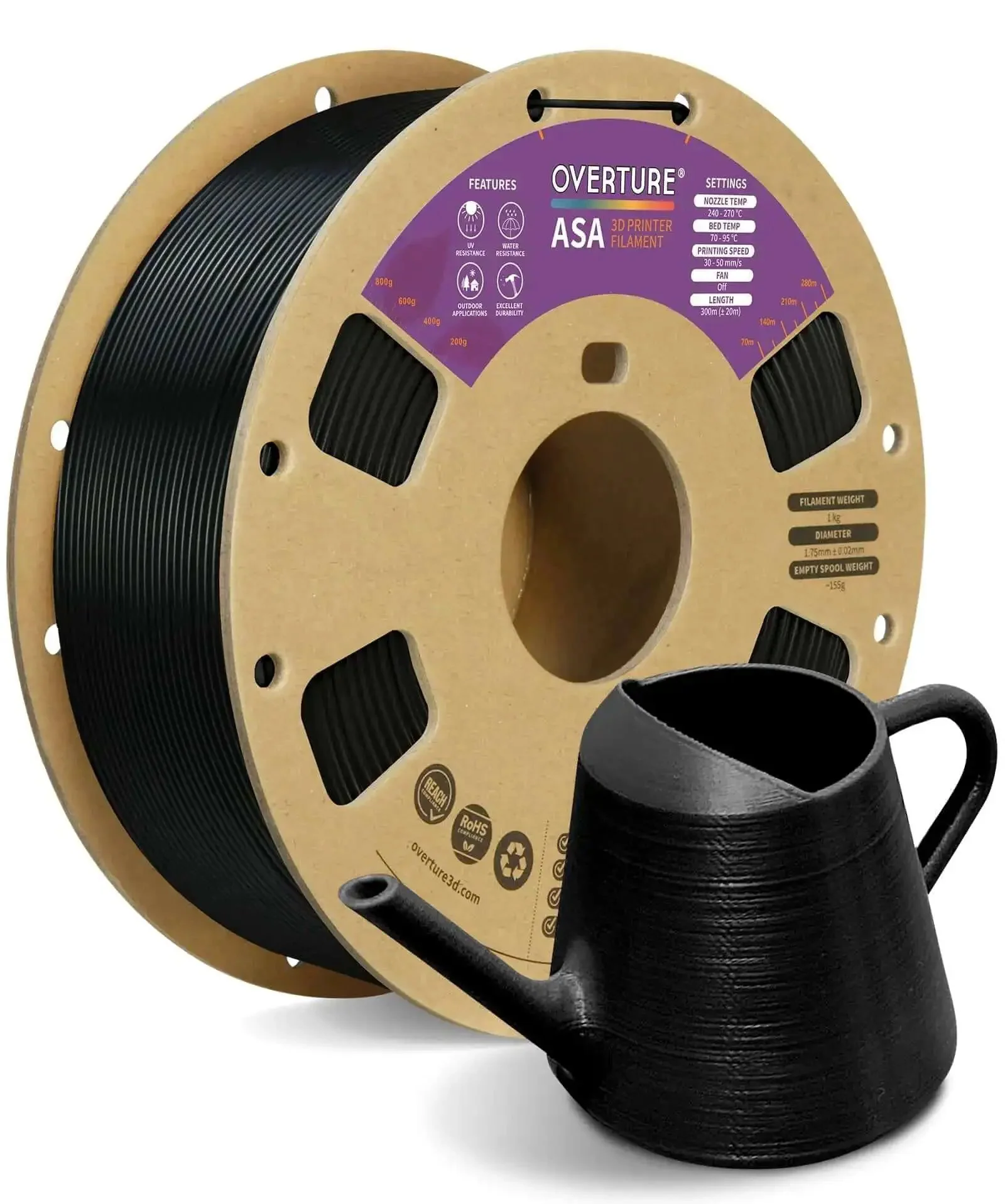 ASA 3D Printer Filament 1.75mm, 1 Kg Spool, Outdoor Ready Anti UV Weather Resistant Black for Functional Parts, Tight Dimensional Accuracy 0.02 mm, Clog Free and Bubble Free for Reliable Outdoor Prints