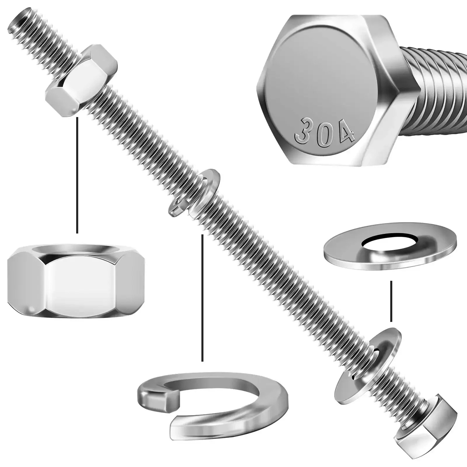 Assorted Quarter Inch By Twenty Hex Head Bolts With Nuts And Washers Set Fully Threaded Four Inch Length 304 Stainless Steel 18 8 Includes Flat And Lock Washers Grab This Solid Pick For Home Projects Furniture Fixes And Light Industrial Jobs - Image 7