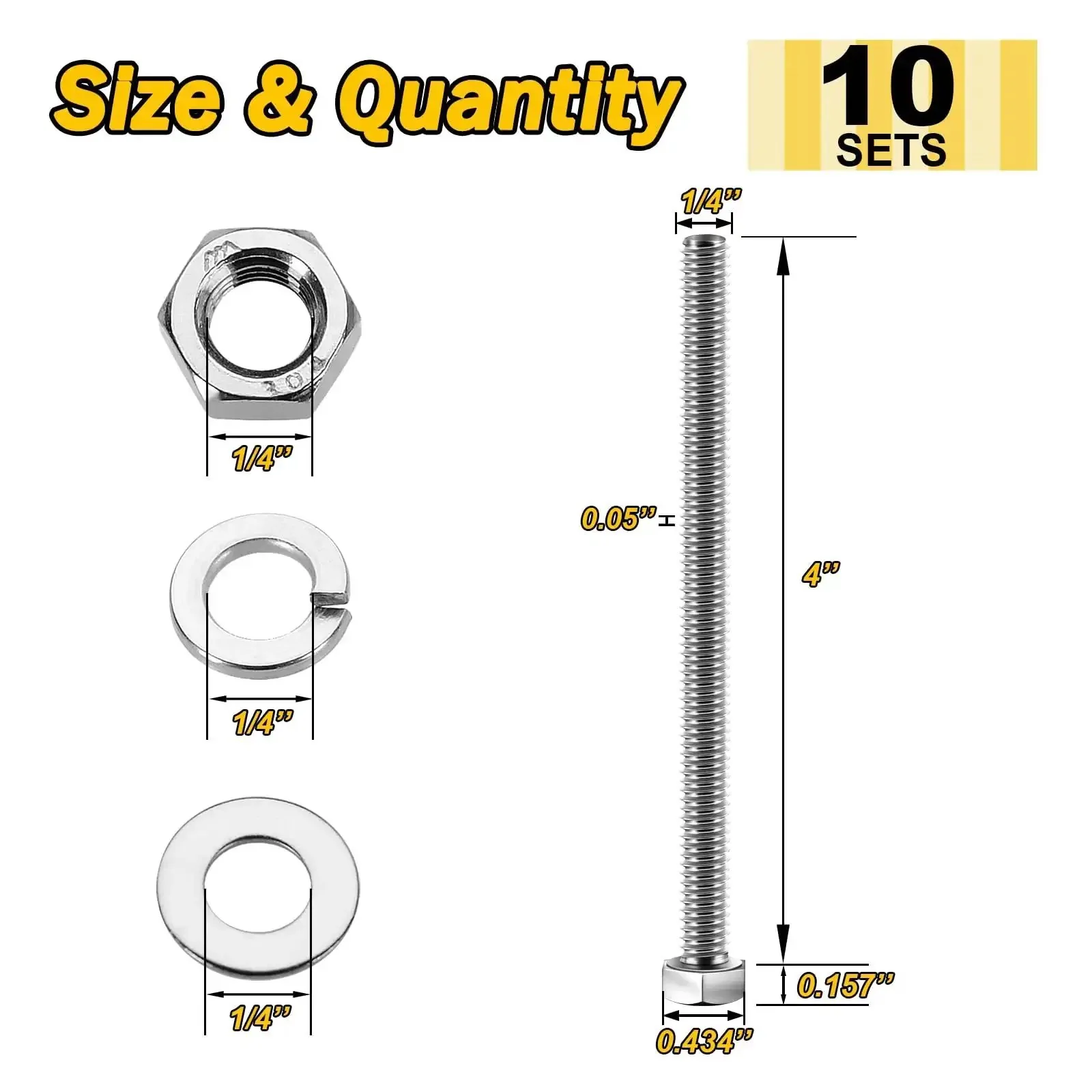 Assorted Quarter Inch By Twenty Hex Head Bolts With Nuts And Washers Set Fully Threaded Four Inch Length 304 Stainless Steel 18 8 Includes Flat And Lock Washers Grab This Solid Pick For Home Projects Furniture Fixes And Light Industrial Jobs - Image 8