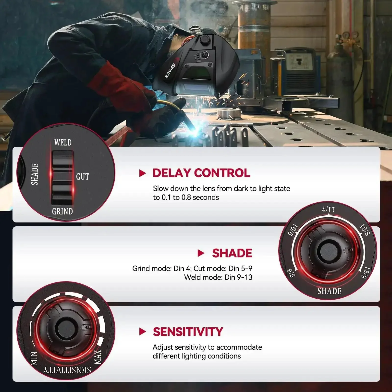 Auto Darkening Welding Helmet With 180 Degree Panoramic View Side View Windows True Color Display 4 Arc Sensors Solar Powered Wide Shade Range 4 to 5 and 9 to 13 Great For TIG MIG ARC Cut - Image 4