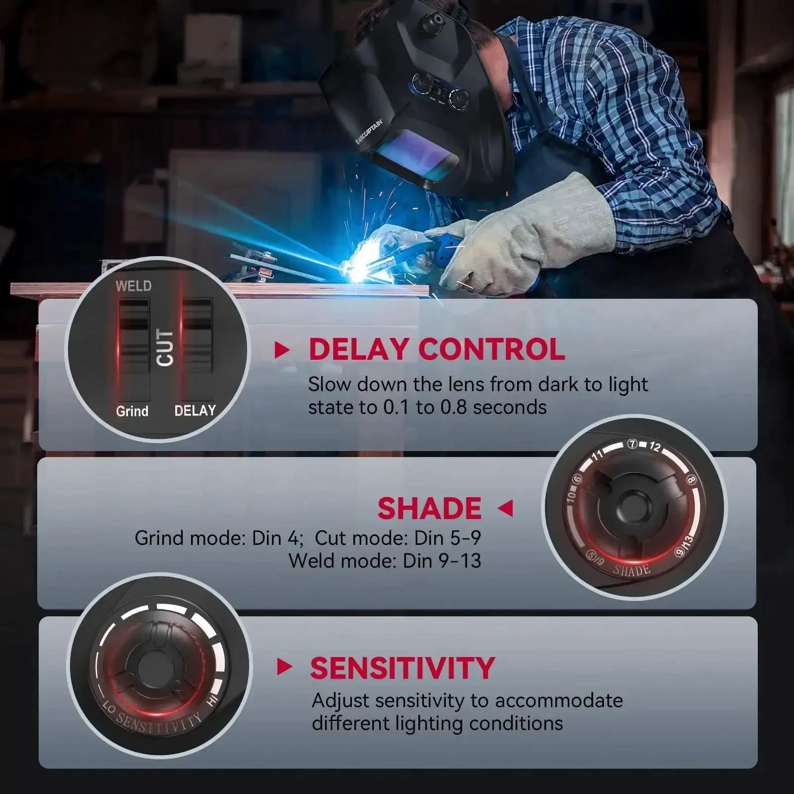 Auto Darkening Welding Helmet With Huge 3.94 By 3.66 Inch Viewing Screen True Color Hood Four Arc Sensors Solar Powered Workhorse Performance With Shade Range 4 To 13 Pro Grade ARC TIG MIG Welding Helmet For Pros - Image 4