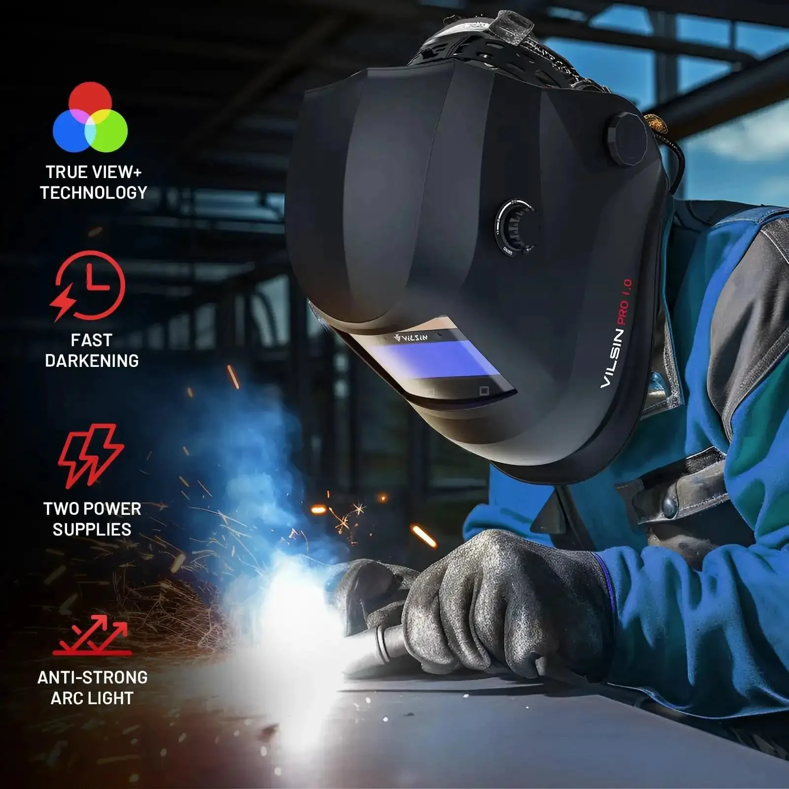 Auto Darkening Welding Helmet With Solar Power 2 Arc Sensors Wide Shade Range 3 To 4 8 To 9 13 For TIG MIG ARC Weld Grinding Black Hood With Clear View Ultra Fast Dark Transition Eye Protection For Welders - Image 3