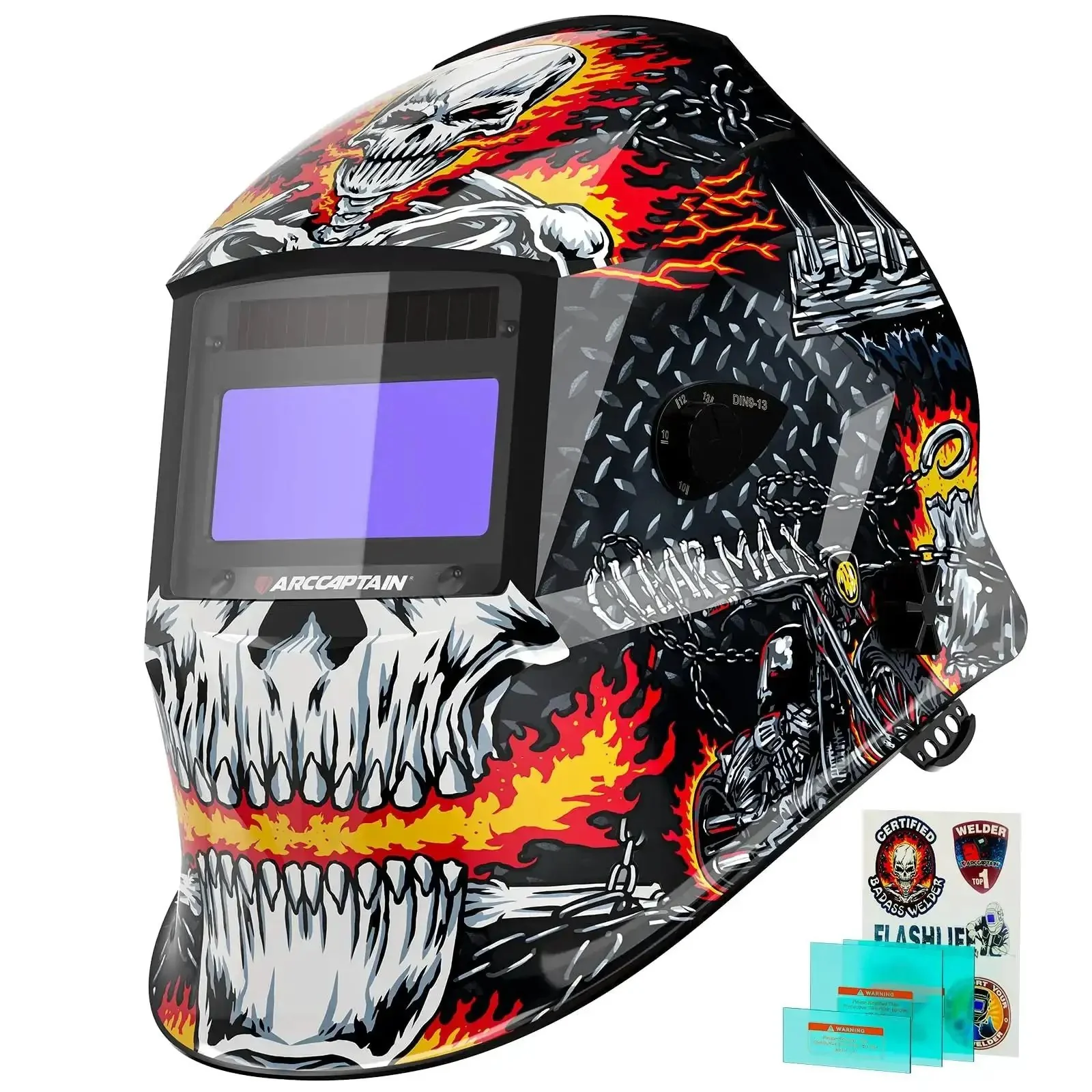 Auto Darkening Welding Helmet With True Color View, Four Arc Sensors, Lightning Fast One Twenty Five Thousandth Of A Second Response, Solar Powered Design, Adjustable Shade Range Four To Thirteen, Built For TIG MIG And ARC Welding HSH S800