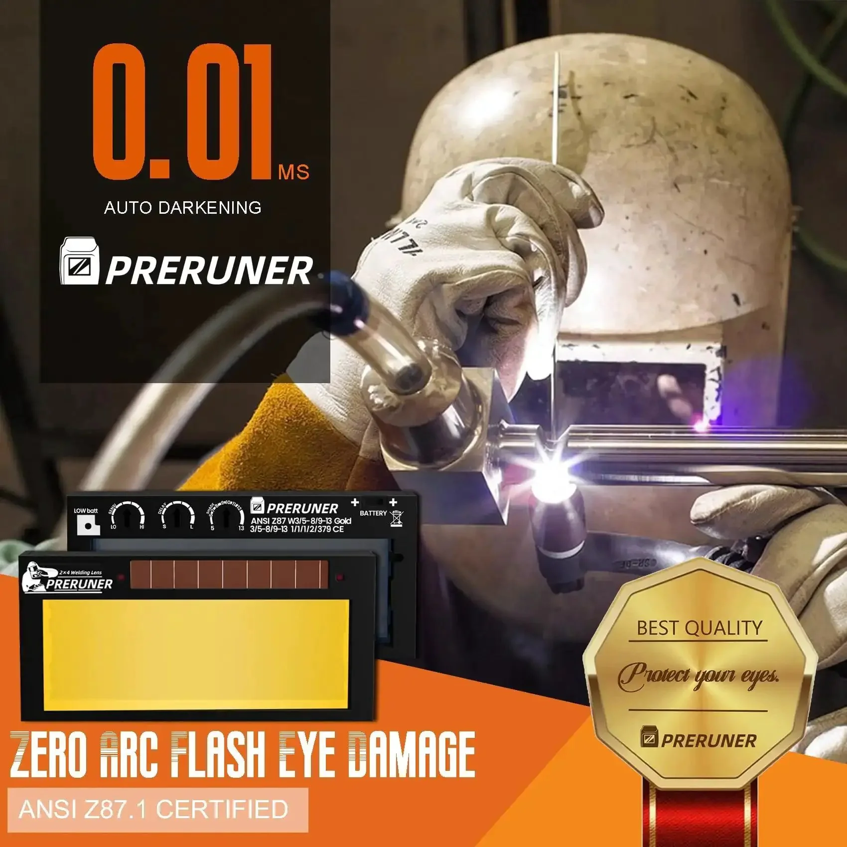 Auto Darkening Welding Lens With Gold Coating And Cool Blue Puddle View Shade Range Five To Thirteen Dual Sensors 0.01 Millisecond Darkening Sensitivity And Delay Adjustable Safe Eye Protection For Pro Welders - Image 3