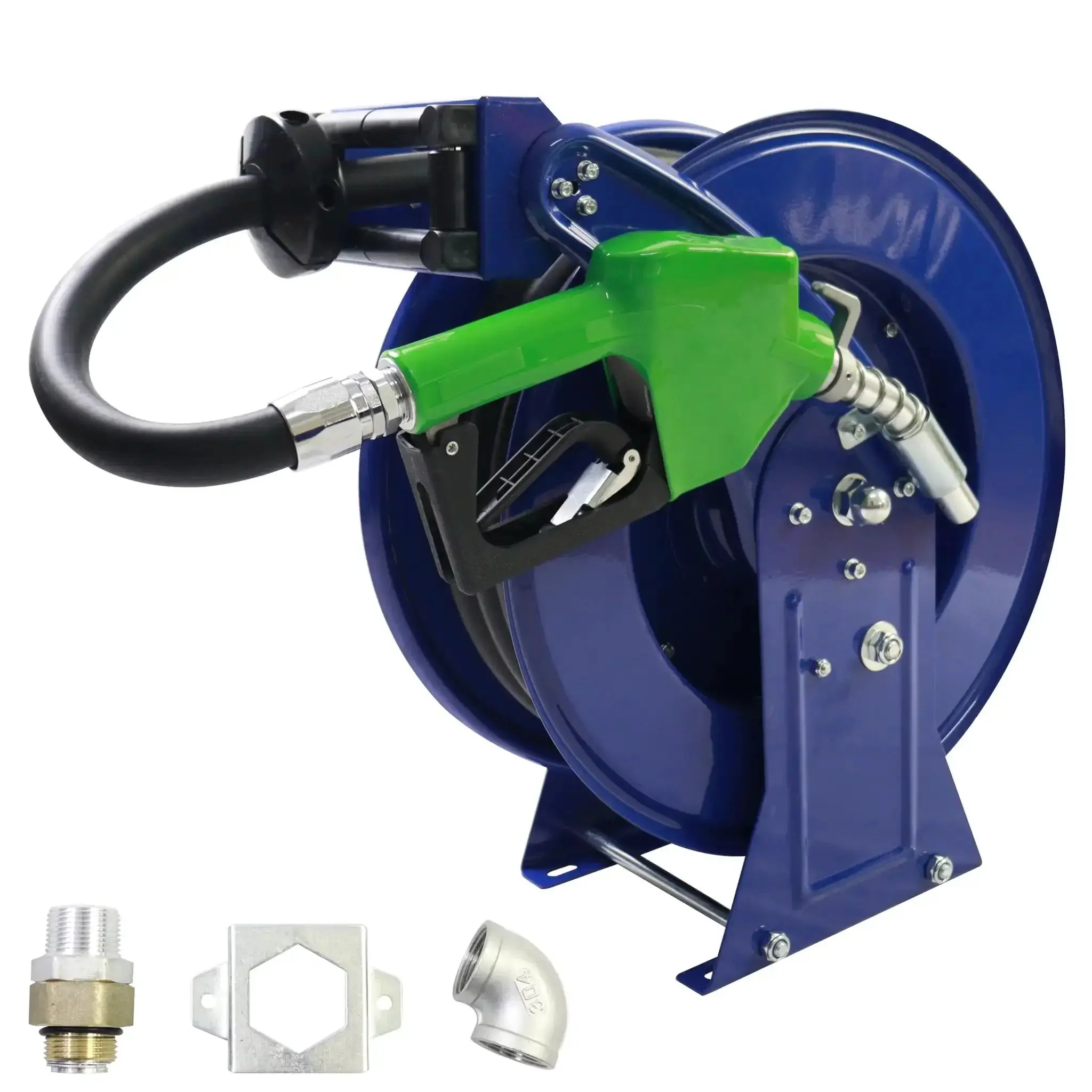 Auto Rewind Fuel Hose Reel Three Quarters Inch By Thirty-Three Feet With Diesel Nozzle And Swivel, Heavy Duty Steel Construction For Farm, Fleet, Marine And Vehicles, Max 300 PSI, Tangle-Free Retractable Hose For Fast Fuel Transfers