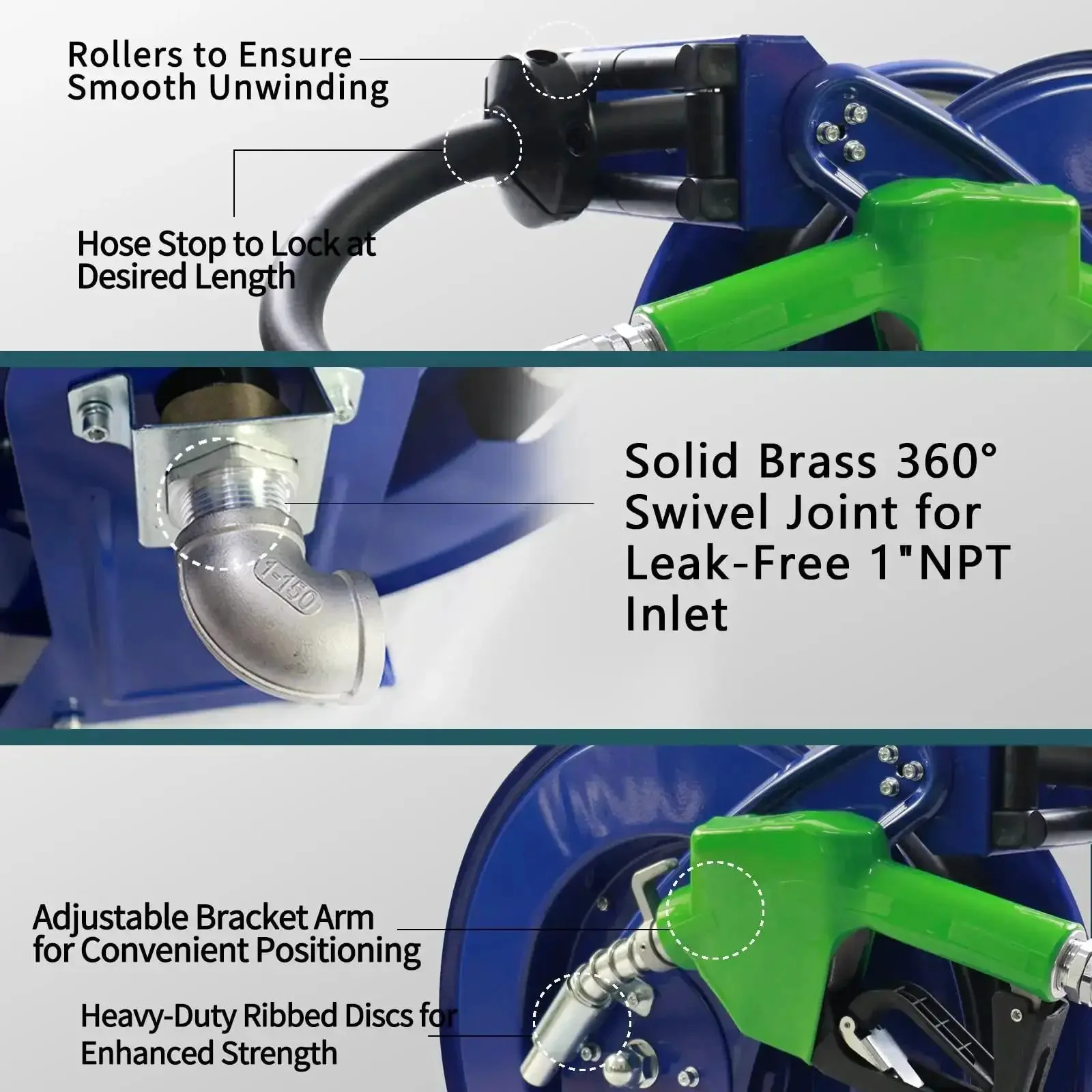 Auto Rewind Fuel Hose Reel Three Quarters Inch By Thirty-Three Feet With Diesel Nozzle And Swivel, Heavy Duty Steel Construction For Farm, Fleet, Marine And Vehicles, Max 300 PSI, Tangle-Free Retractable Hose For Fast Fuel Transfers - Image 4