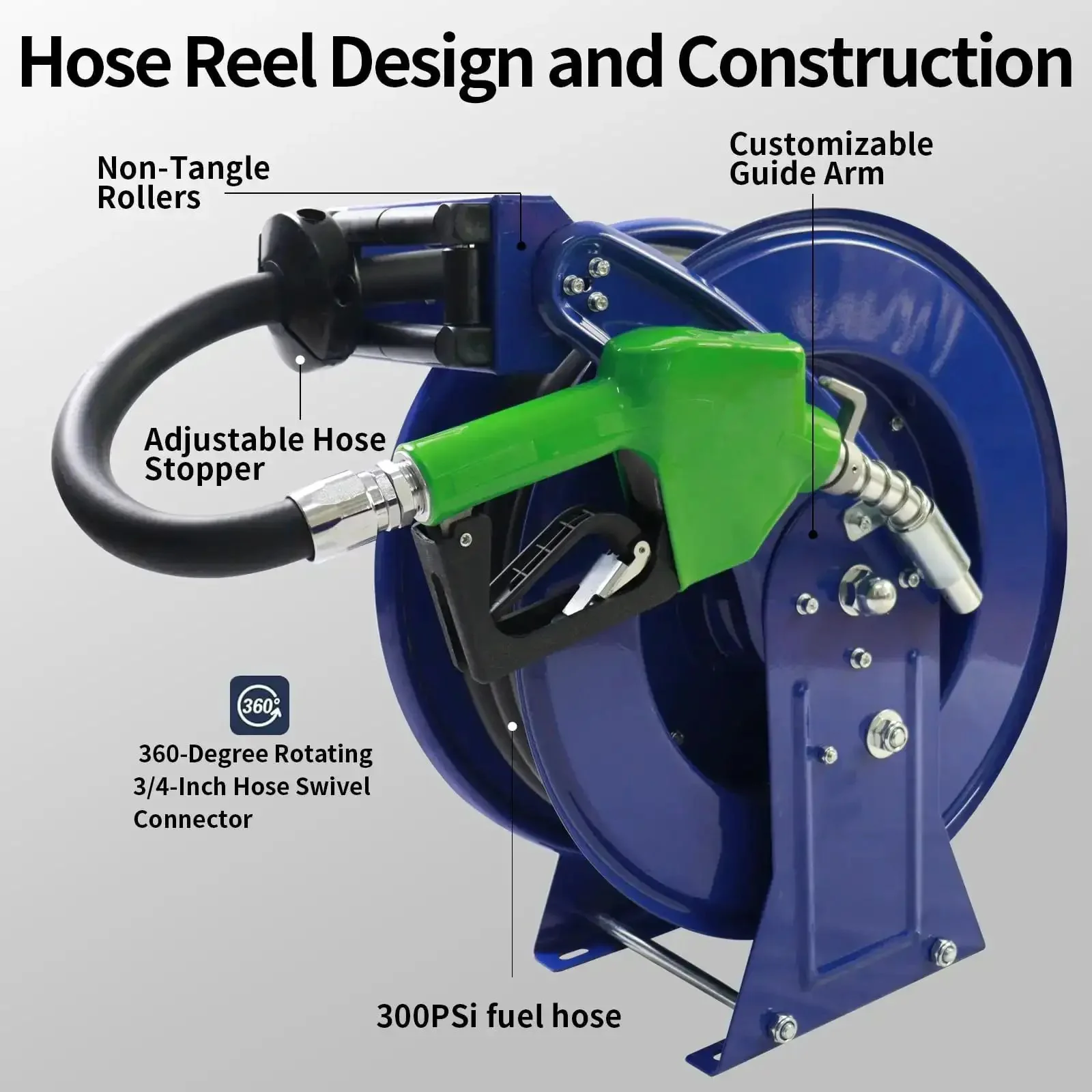 Auto Rewind Fuel Hose Reel Three Quarters Inch By Thirty-Three Feet With Diesel Nozzle And Swivel, Heavy Duty Steel Construction For Farm, Fleet, Marine And Vehicles, Max 300 PSI, Tangle-Free Retractable Hose For Fast Fuel Transfers - Image 5