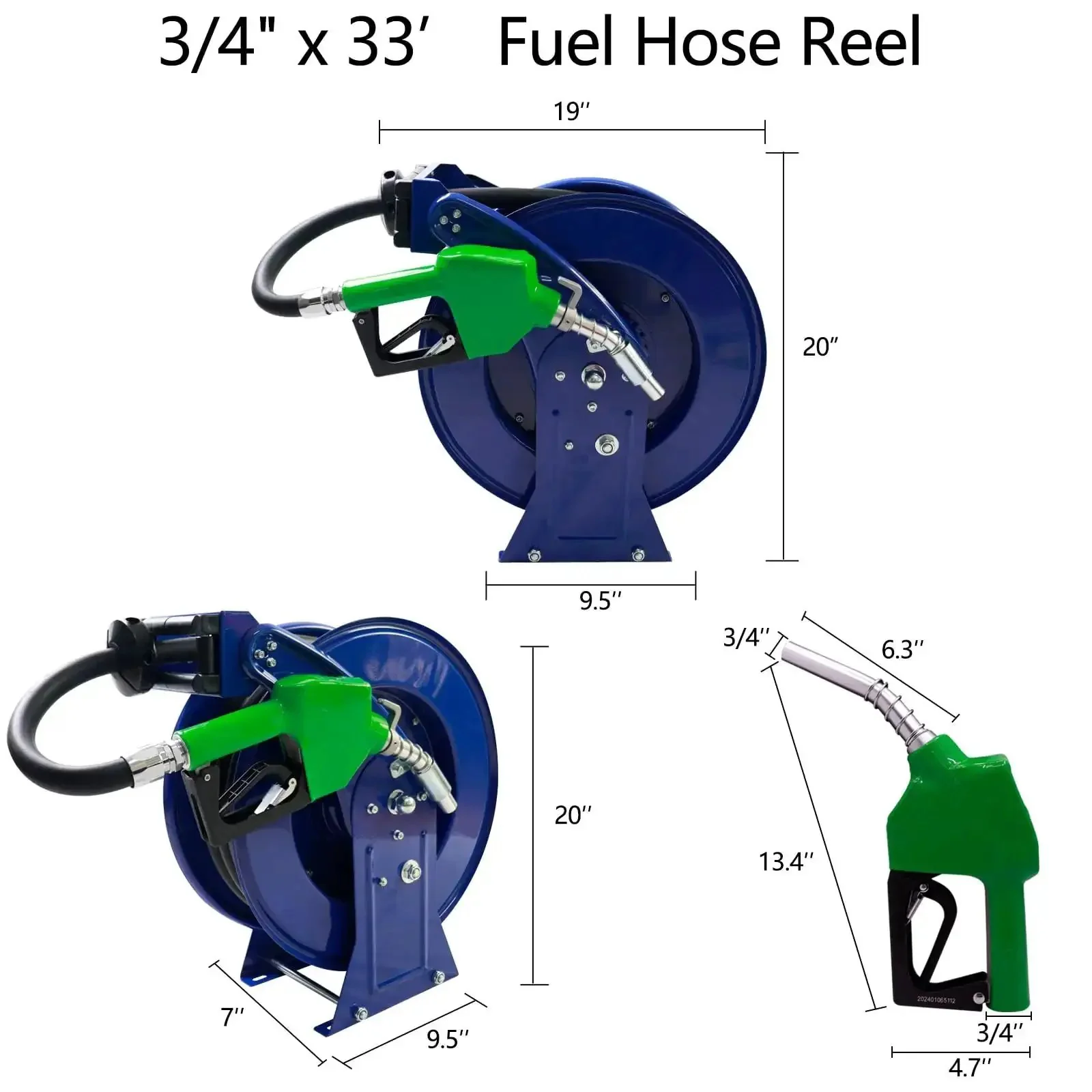 Auto Rewind Fuel Hose Reel Three Quarters Inch By Thirty-Three Feet With Diesel Nozzle And Swivel, Heavy Duty Steel Construction For Farm, Fleet, Marine And Vehicles, Max 300 PSI, Tangle-Free Retractable Hose For Fast Fuel Transfers - Image 7