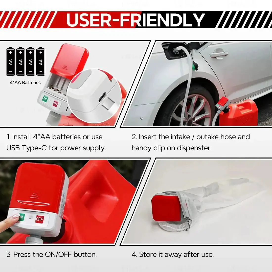Auto Stop Fuel Transfer Pump Portable Gas Can Pump With USB Type C Or Battery Power, 3.2 GPM Quick Fill, 51 Inch Hose, 4 Can Adapters, Spill Proof No Mess Transfer For Gasoline Diesel And Oil - Image 4