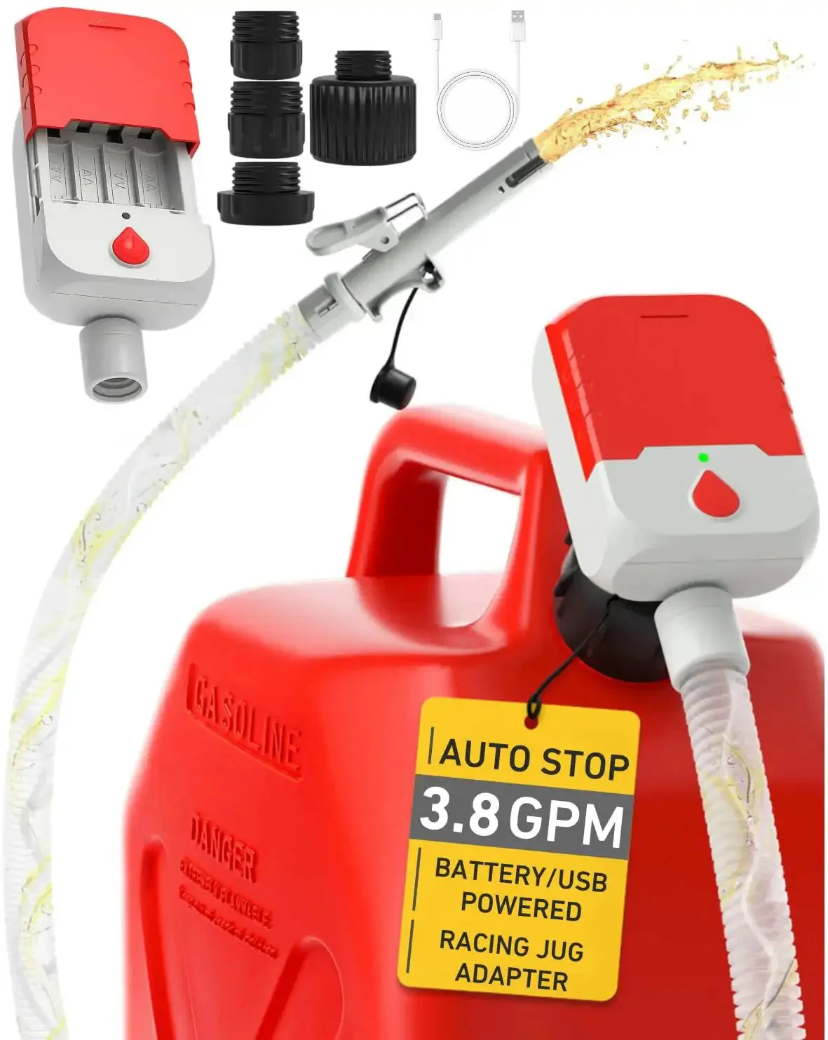 Auto Stop Fuel Transfer Pump With 3.8 GPM Cordless Pump Powered By Battery Or USB Gas Can Portable Electric Refuel Kit On The Go With 51 Inch Hose And 4 Adapters For Gasoline Diesel Oil Spill Free Refueling