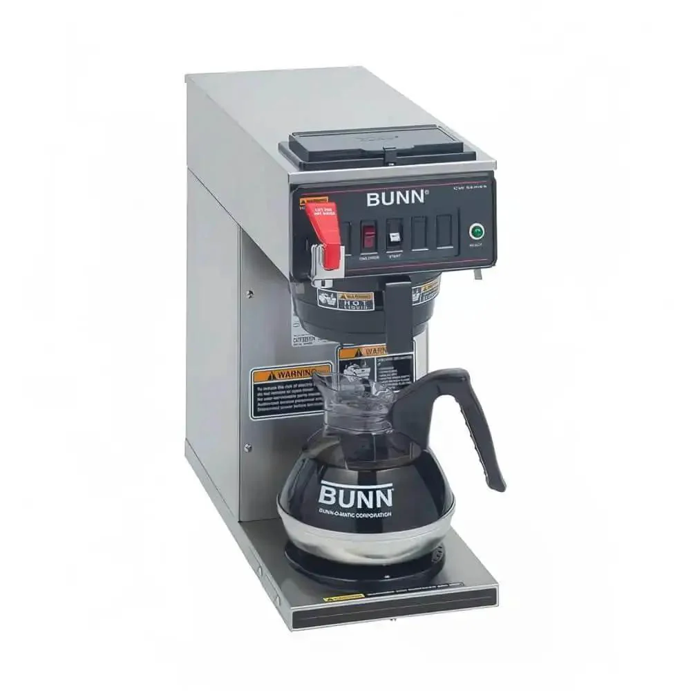 Automatic 12 Cup Coffee Brewer With Lower Warmer And Black Plastic Funnel 120V For Busy Cafes Includes Pourover Backup System SplashGard Shield Stainless Steel Exterior Separate Hot Water Faucet Brews 60.8 To 120 Cups