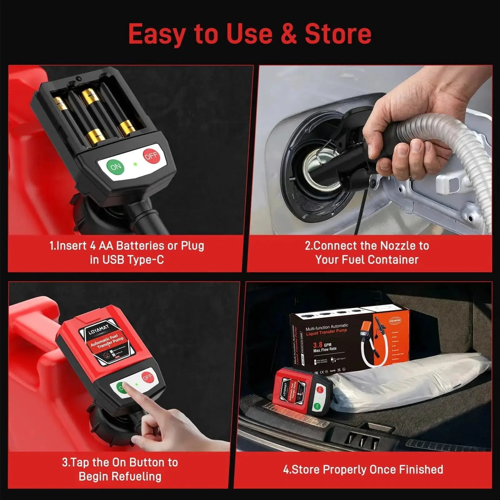 Automatic Portable Fuel Transfer Pump With Auto Stop And 30 Second Alert No Spill Fast 3.8 GPM Electric Gas Can Pump That Runs On Battery Or USB Includes Four Adapters And 51 Inch Hose For Gasoline Diesel And Oil - Image 5