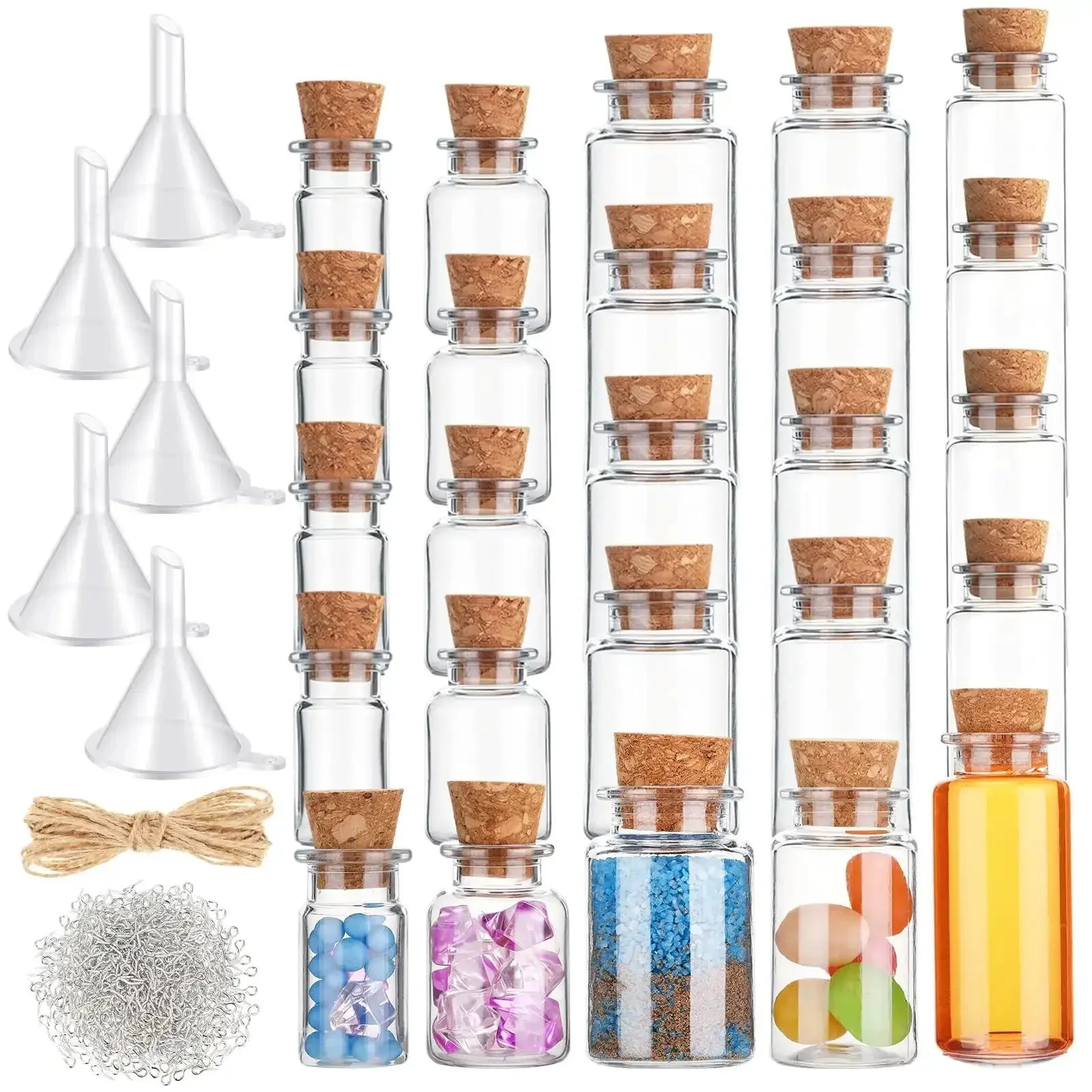 Awesome 25 Pack Mini Plastic Bottles With Cork Stoppers And Eye Screws, Includes 32.8 Ft Rope And 5 Funnels For Sand Art Jars, Wishing Vials, DIY Crafts, Party Favors, Empty Clear Bottles