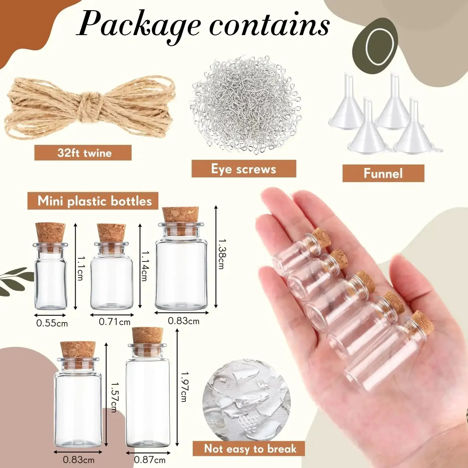 Awesome 25 Pack Mini Plastic Bottles With Cork Stoppers And Eye Screws, Includes 32.8 Ft Rope And 5 Funnels For Sand Art Jars, Wishing Vials, DIY Crafts, Party Favors, Empty Clear Bottles - Image 6
