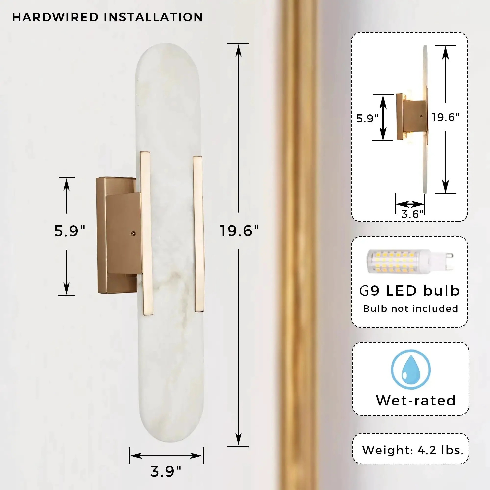 Backplate Sconce With Alabaster Shade Modern Bathroom Wall Light Sleek Design And Thick Backplate Wrapped Center Three Finishes 4.25 In W By 3.5 In D By 20 In H Ideal Vanity Lighting - Image 3