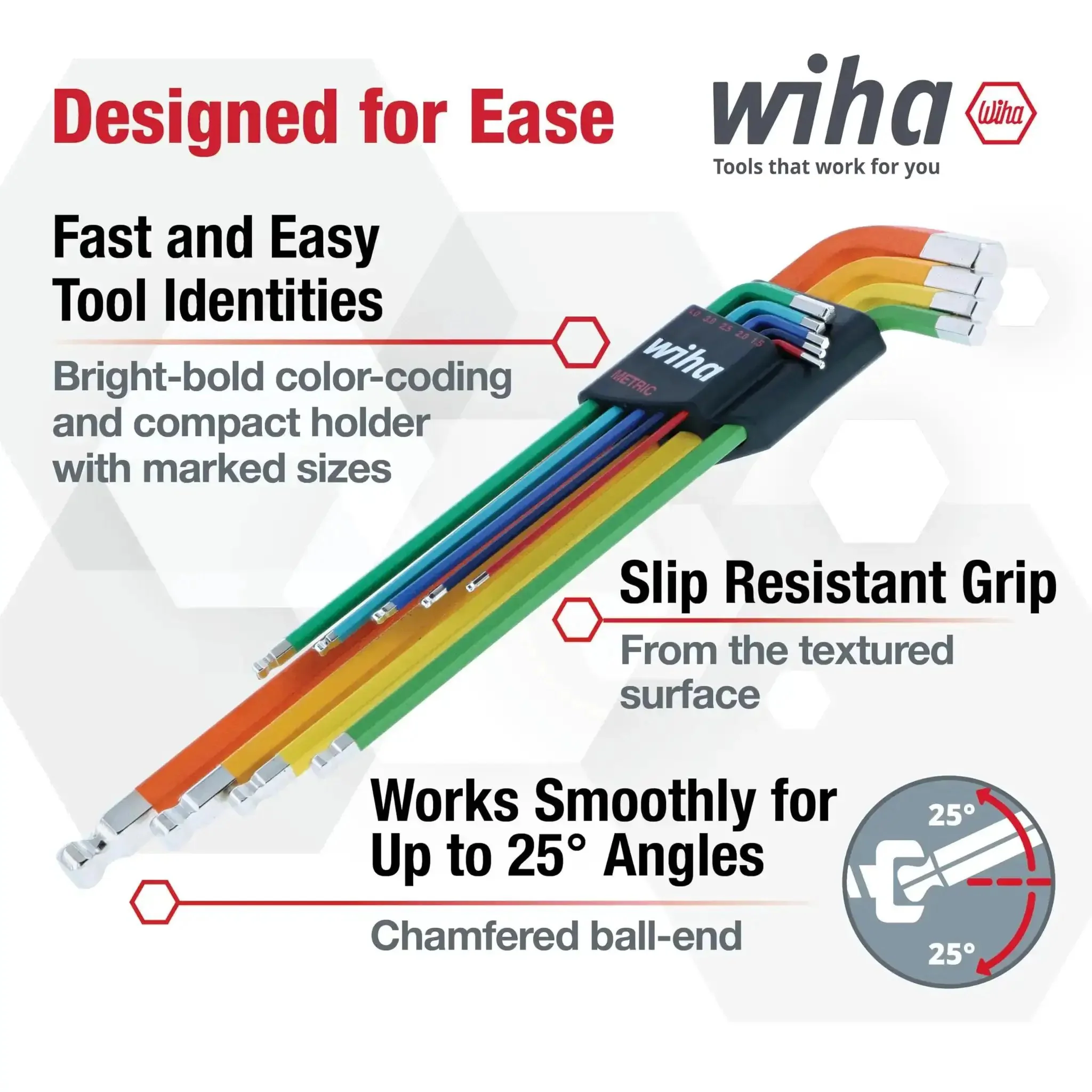 Ball End Hex L Key Set 9 Piece Metric With Color Coded Handles Textured No Slip Grip Ball End Drivers For Fastener Interlock Up To 25 Degrees Includes Holder CNC Precision Machined For Reduced Cam Out - Image 8