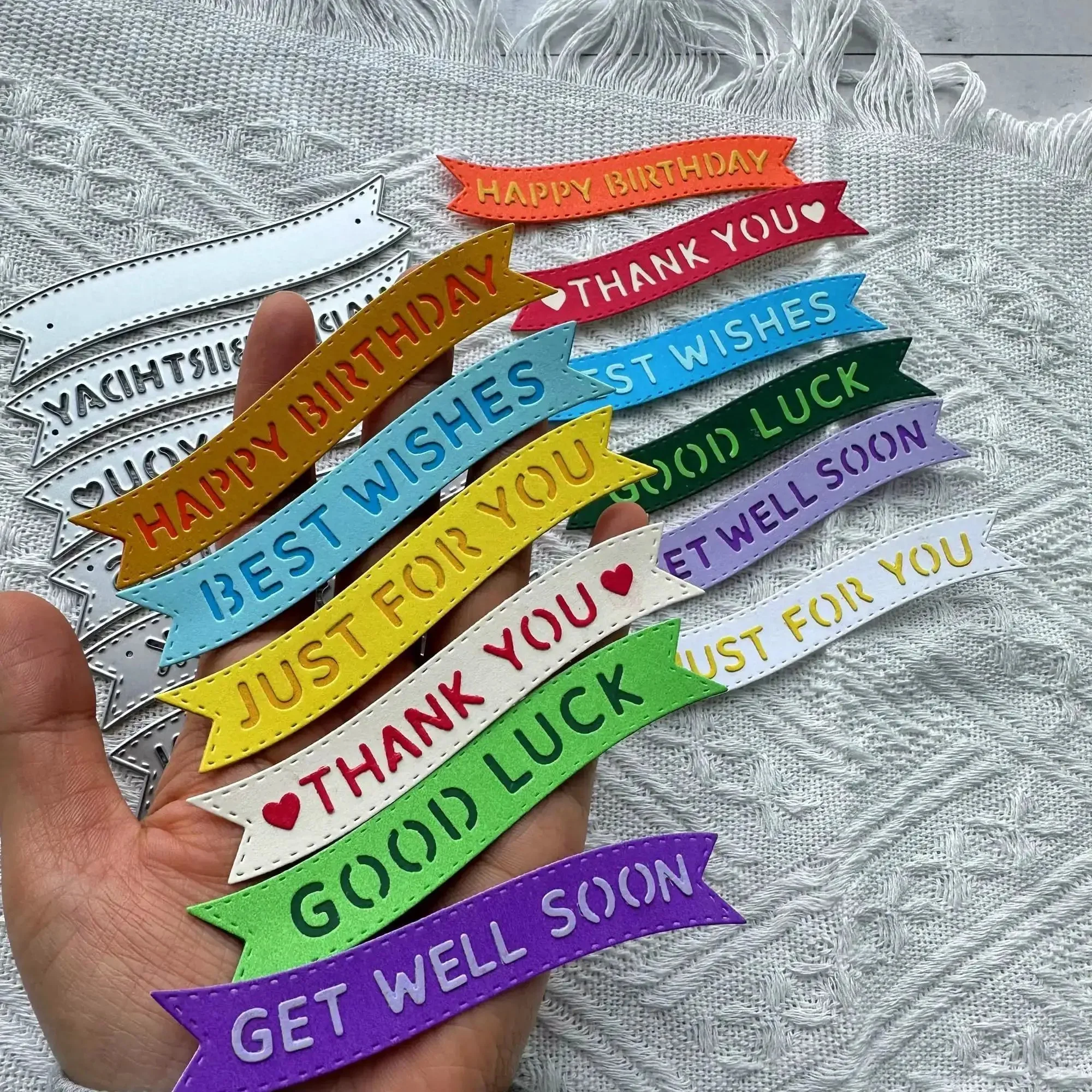 Banner Sentiment Scrapbooking Die Cuts Set With Layered Stitching Frame Dies For Card Making And Paper Crafts Includes Happy Birthday Just For You Thank You Best Wishes Good Luck Get Well Soon Metal Cutting Dies DIY Album Decor - Image 4