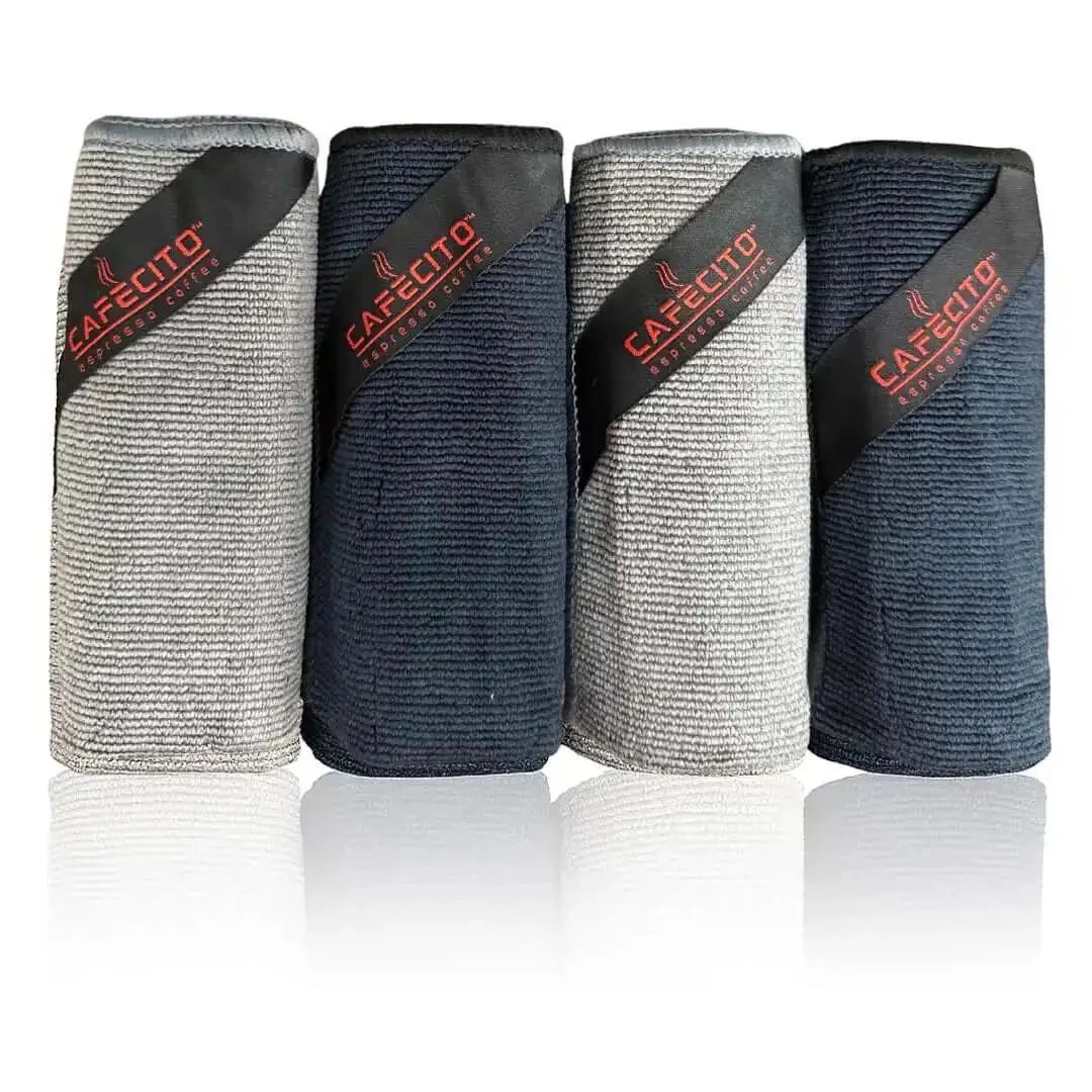 Barista Microfiber Cloths 4 Pack For Espresso Machines And Coffee Stations Pro Grade Cleaning Towels For Portafilters Steam Wands Milk Frothers At Home Or In Cafe Grey And Black