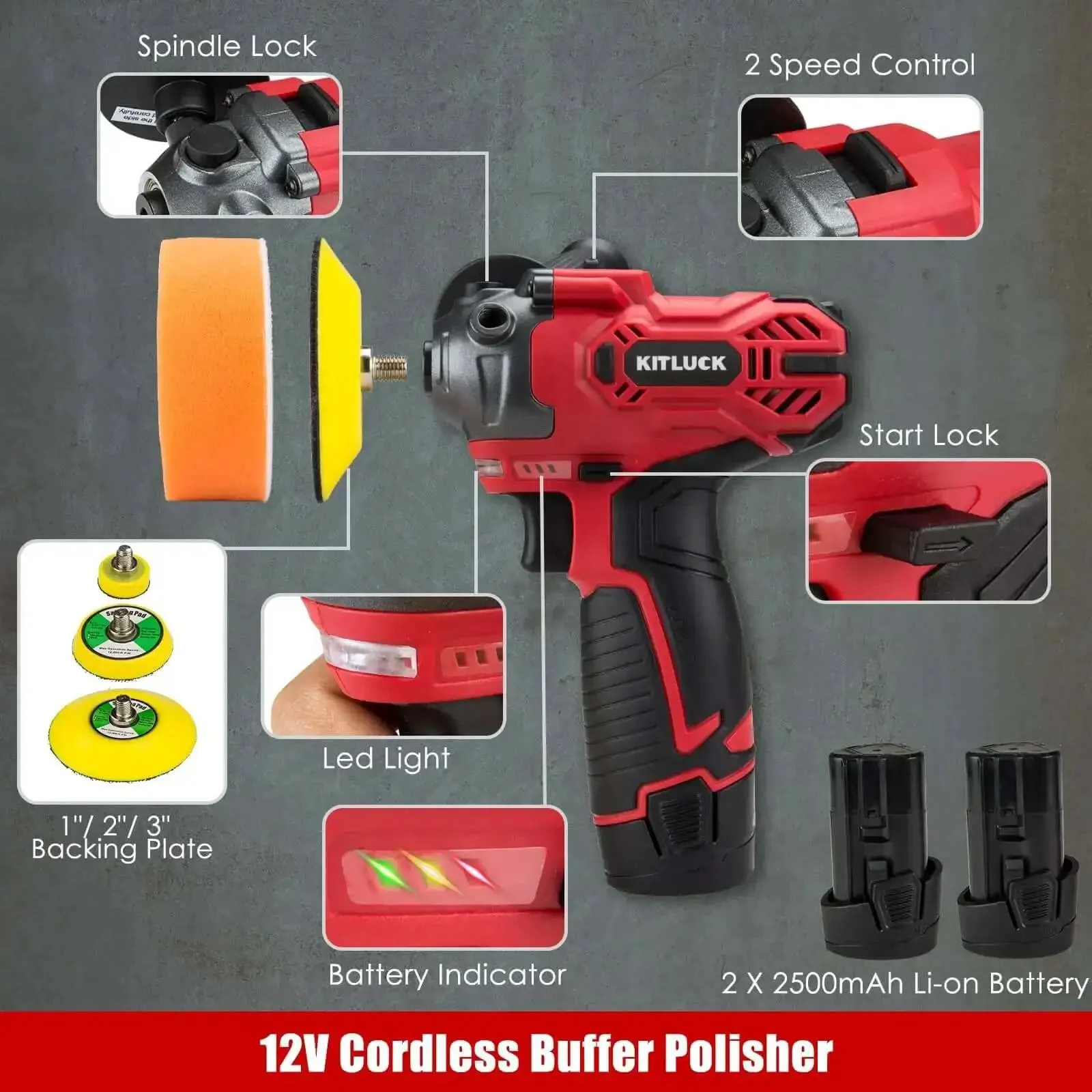 Battery Powered 12V Mini Car Buffer Polisher Beast Pro Grade Kit With 2x2000mAh Batteries And Quick Charge 40 Polishing Pads 1 Inch 2 Inch 3 Inch Backing Plates Variable Speed For Detailing Waxing And Buffing - Image 7