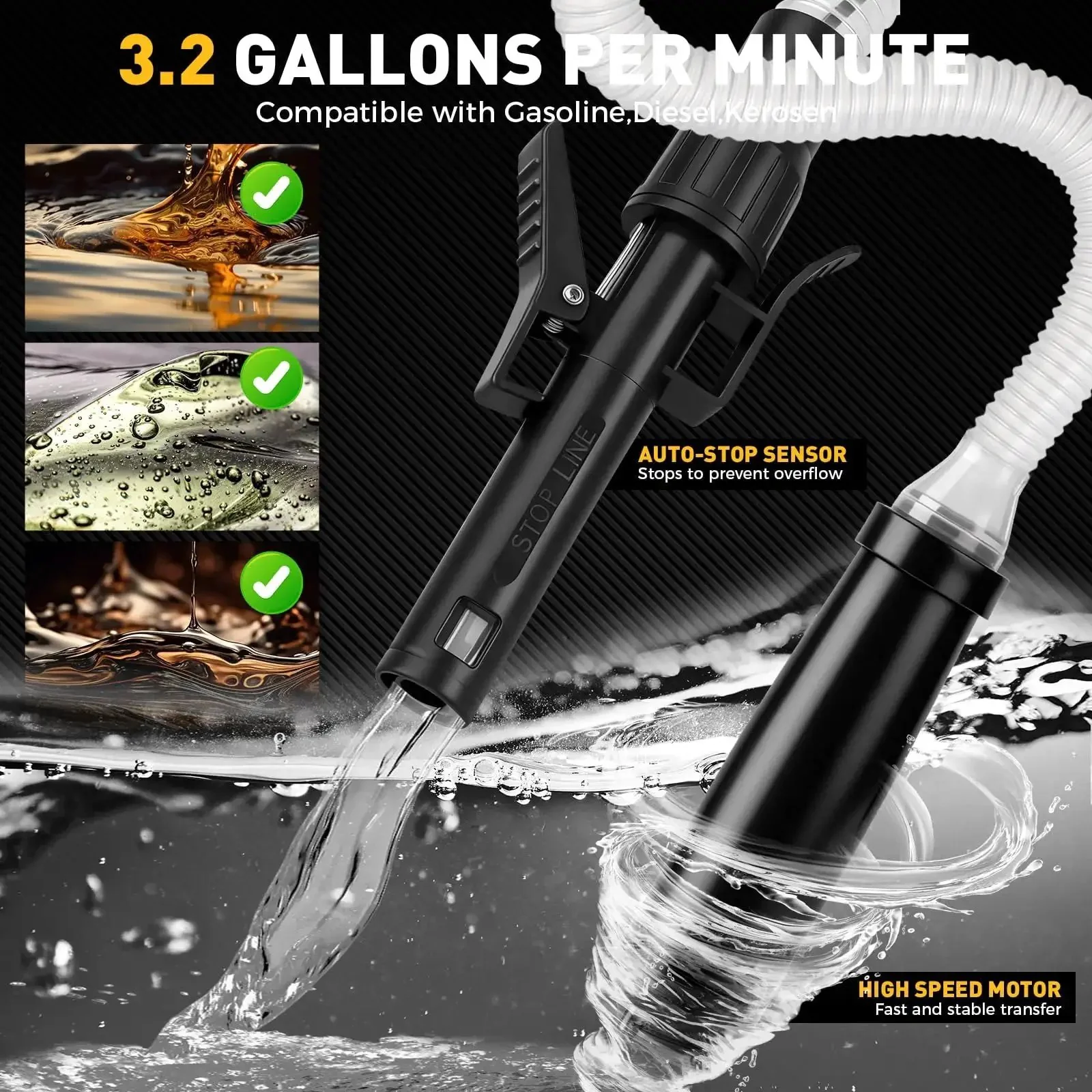 Battery Powered Fuel Transfer Pump No Spill Portable Gas Can Siphon Pump With Auto Stop Safety 3.2 GPM For Gas Diesel Oil Includes 3 Adapters And Extra Long Hose Batteries Not Included - Image 8