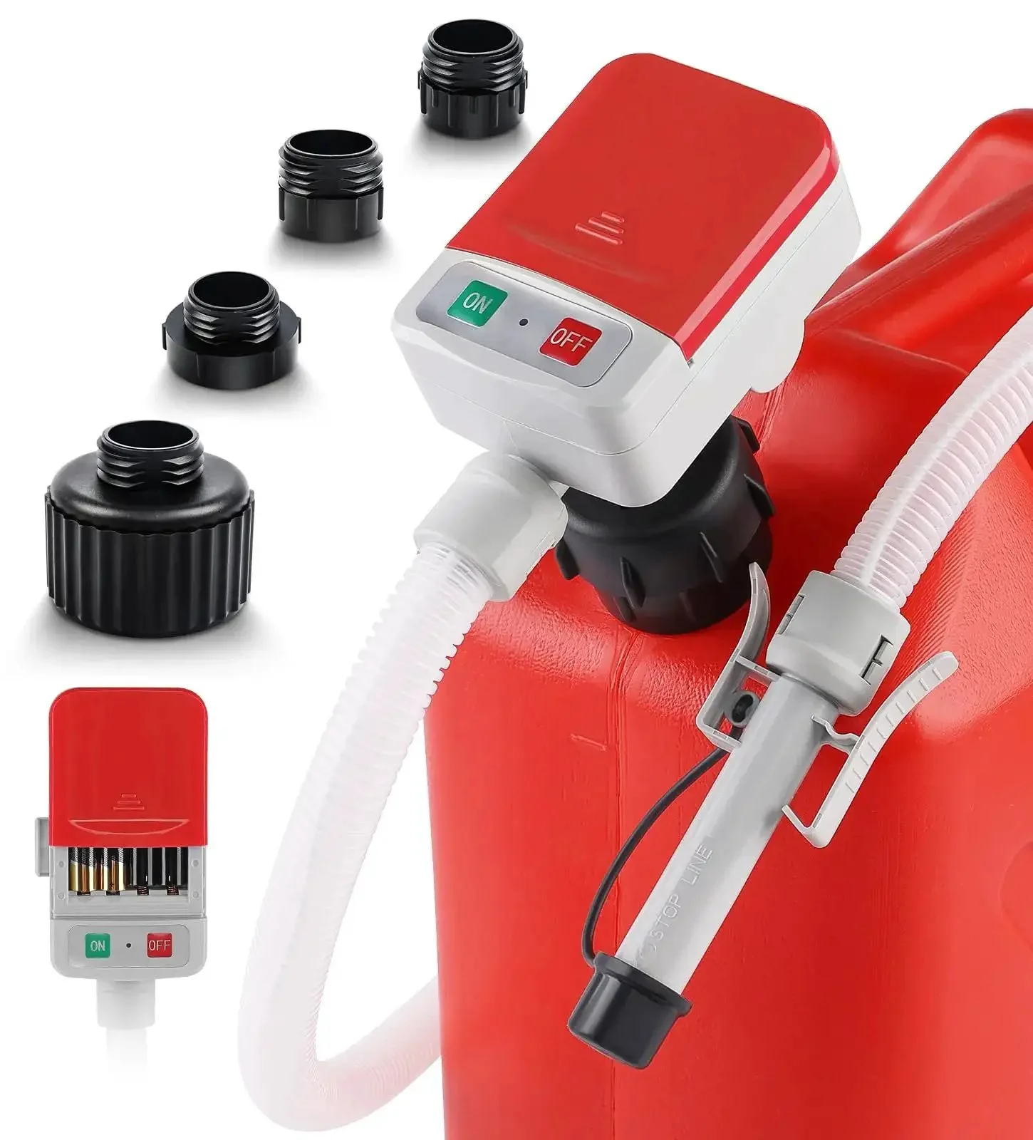 Battery Powered Fuel Transfer Pump With Auto Stop Sensor 3.2 GPM 51 Inch Hose Four Tank Adapters Portable Gas Can Pump For Gasoline And Diesel Red No Fuss Effortless No Spill Pouring