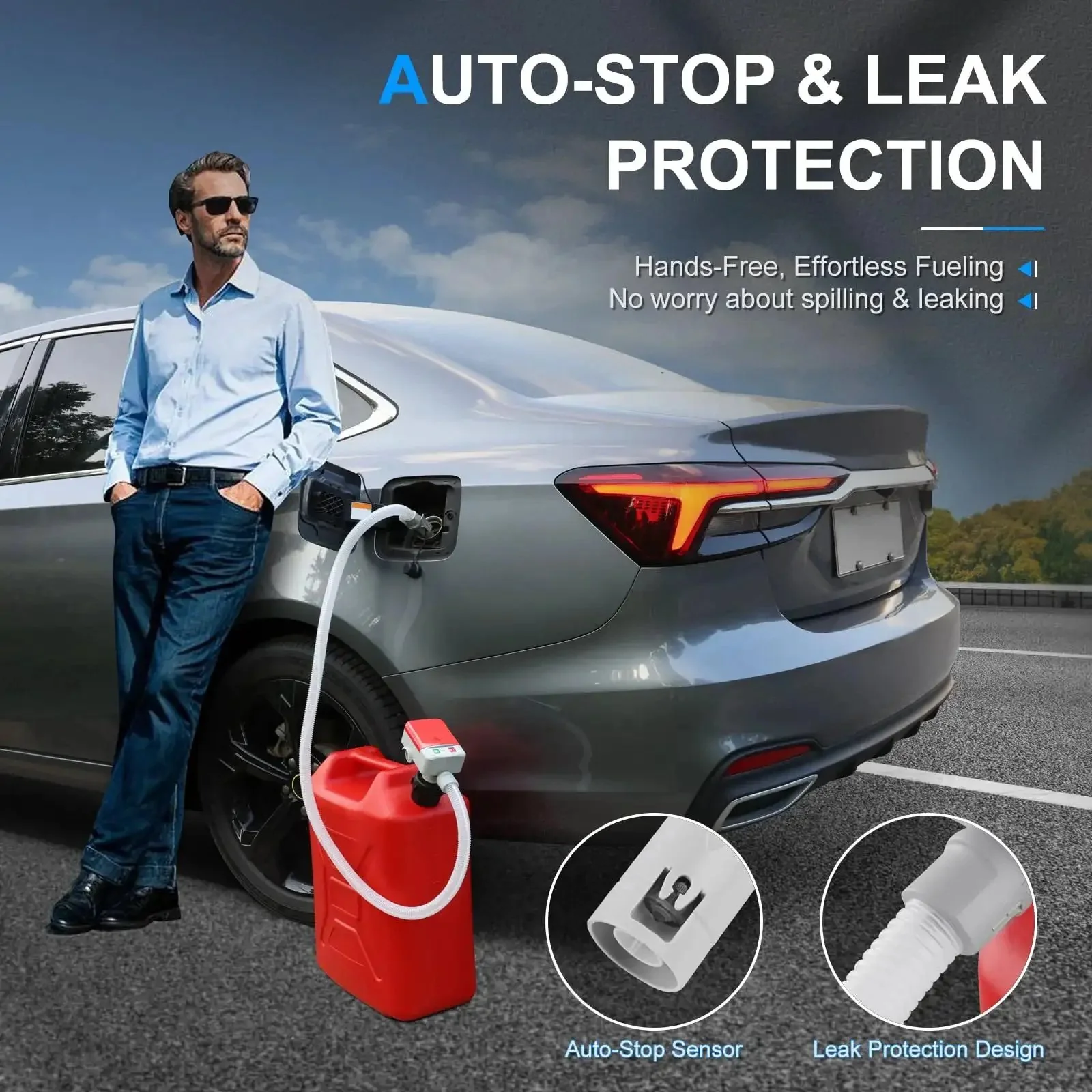 Battery Powered Fuel Transfer Pump With Auto Stop Sensor 3.2 GPM 51 Inch Hose Four Tank Adapters Portable Gas Can Pump For Gasoline And Diesel Red No Fuss Effortless No Spill Pouring - Image 5