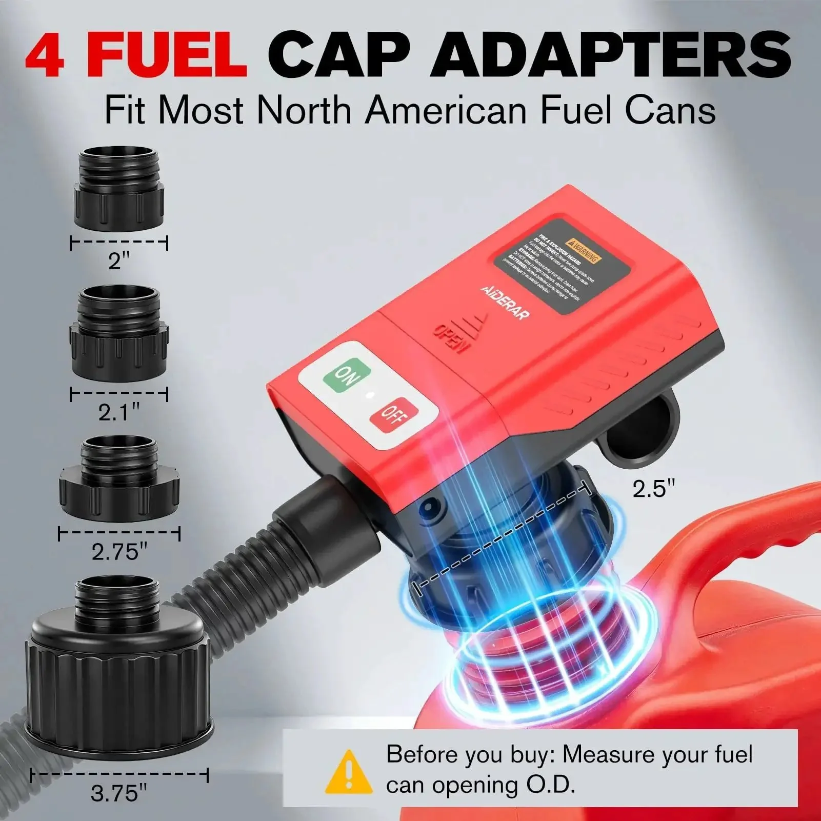 Battery Powered Fuel Transfer Pump With Auto Stop, 3.8 GPM, 71 Inch Hose, Includes 4 Adapters For Gasoline, Diesel, Kerosene, Easy Spill Free Liquid Transfer For Home Garage Or Outdoor Use - Image 4