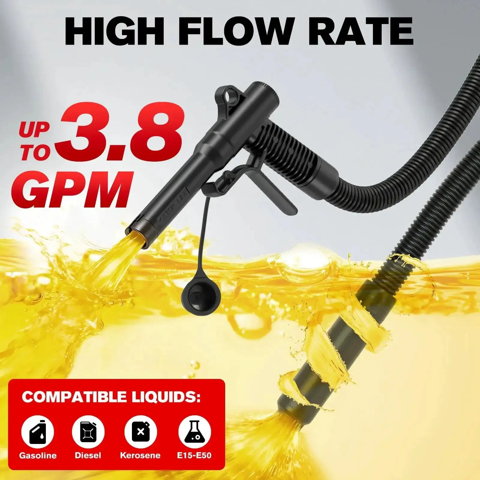Battery Powered Fuel Transfer Pump With Auto Stop, 3.8 GPM, 71 Inch Hose, Includes 4 Adapters For Gasoline, Diesel, Kerosene, Easy Spill Free Liquid Transfer For Home Garage Or Outdoor Use - Image 7