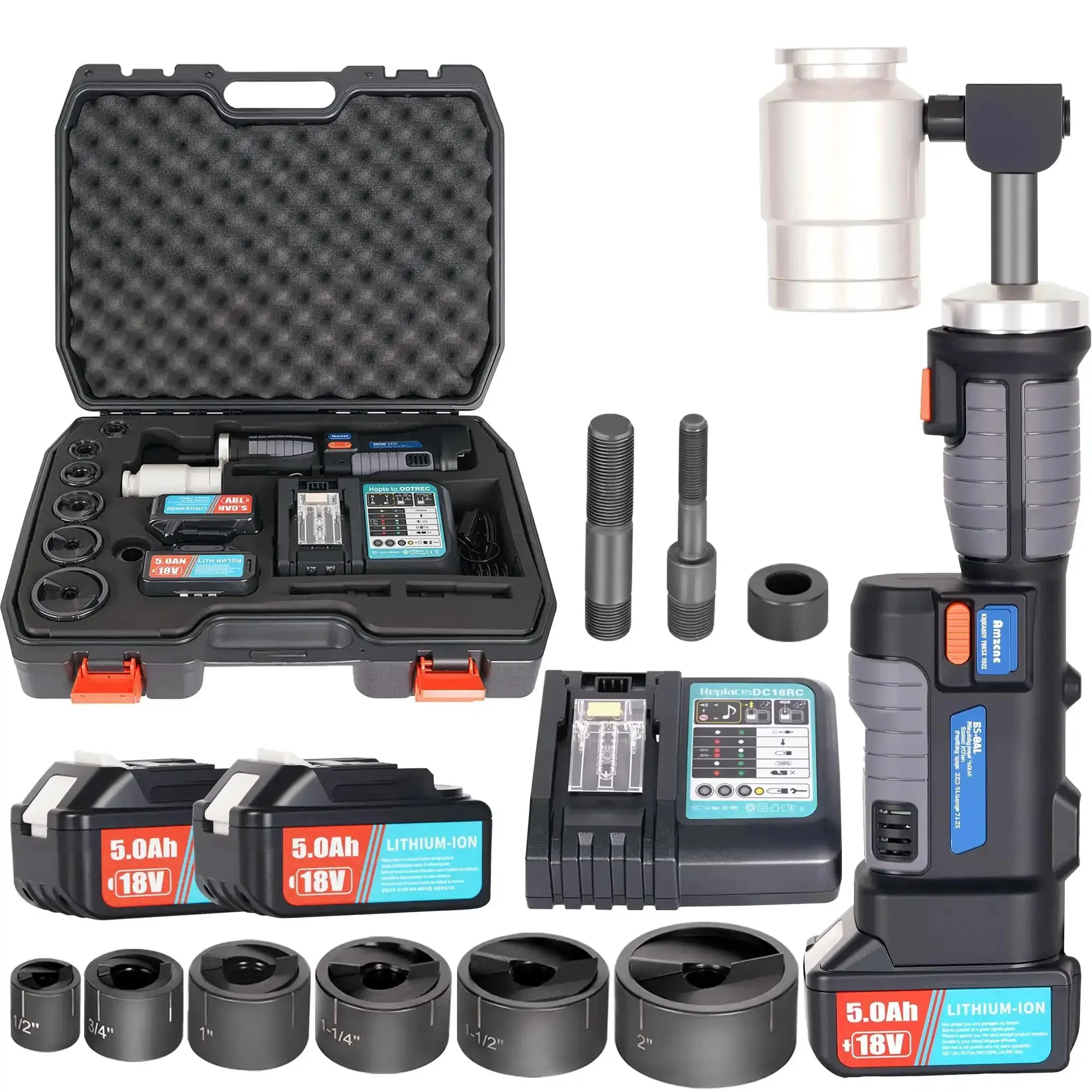Battery Powered Hydraulic Knockout Punch Kit EZ 8AL With 8 Ton Driver For Half To Two Inch Holes Slug Buster Draw Studs Battery Charger And Case Rugged Pro Grade For Steel Aluminum Brass Copper And Plastic Enclosures