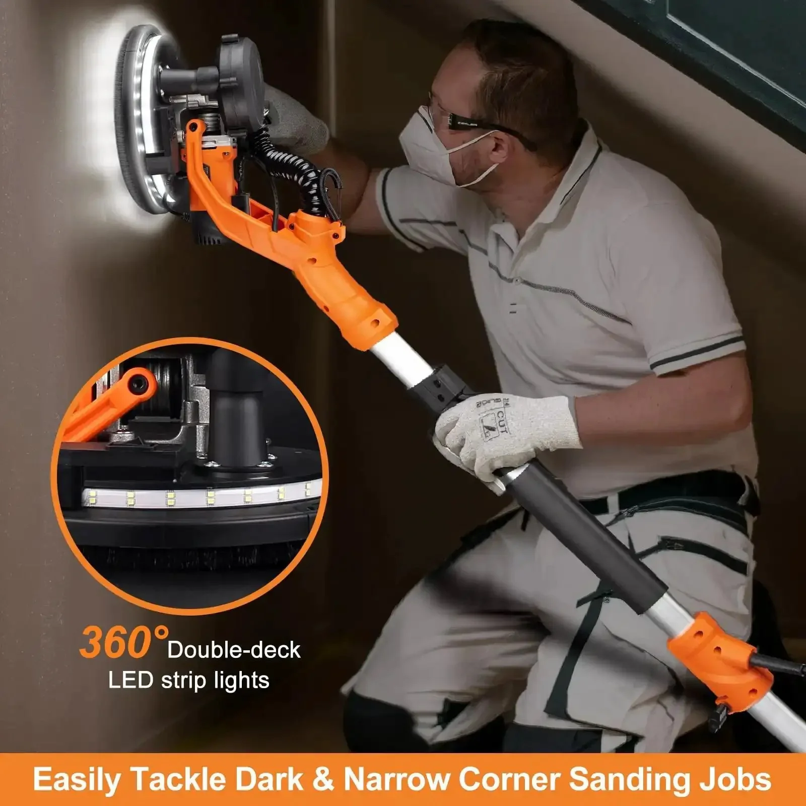 Beast 1000W Drywall Sander With Vacuum Dust Collection And LED Light Popcorn Ceiling Removal Tool 6 Variable Speeds From 800 To 2200 RPM Foldable Extendable Handle Includes 15 Sanding Discs For Walls And Ceilings - Image 4