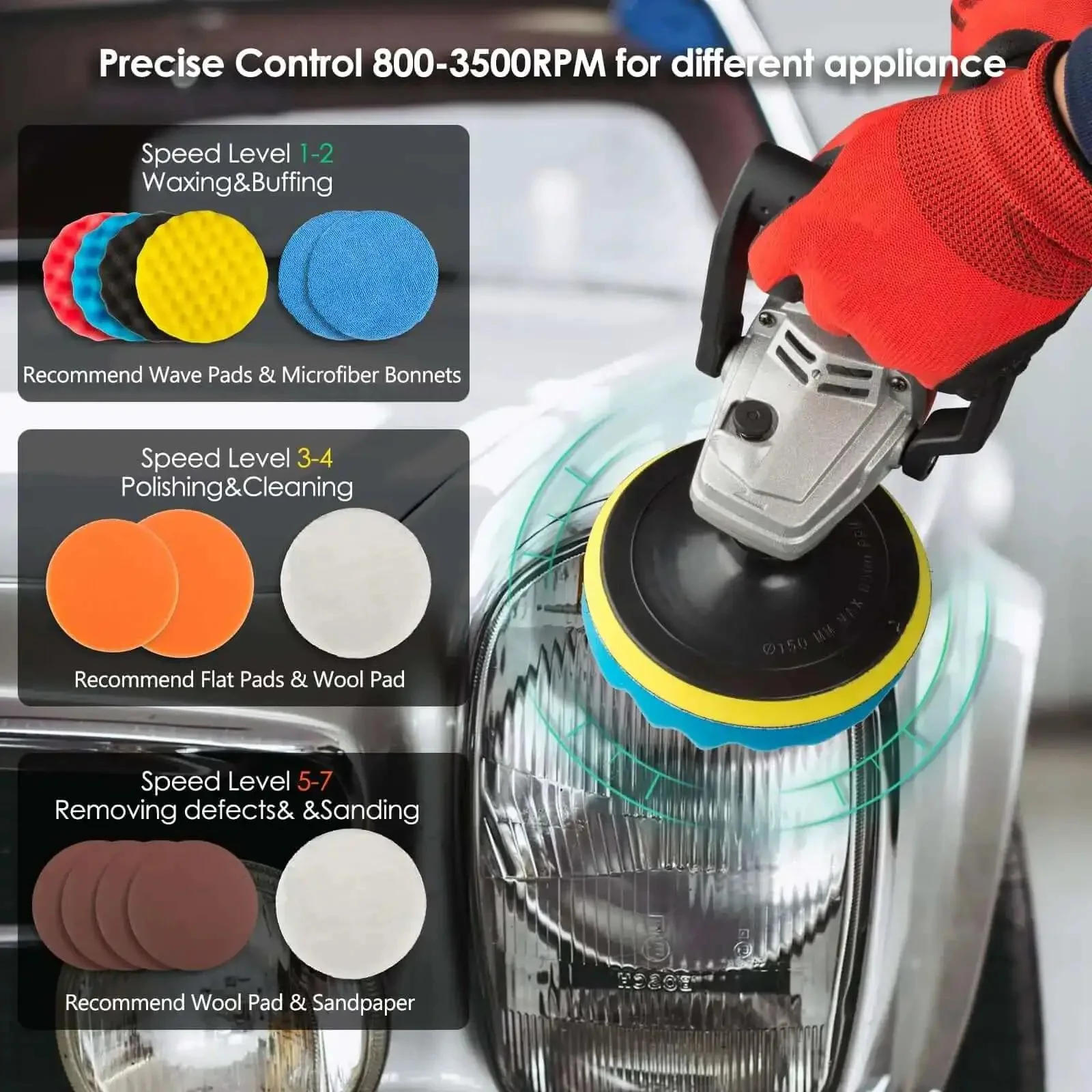 Beast 1400W Rotary Car Polisher With 6 And 7 Inch Pads, Variable Speed 800-3500 RPM, Includes Foam And Wool Pads For Buffing Waxing And Detailing, Perfect For That Showroom Shine - Image 6