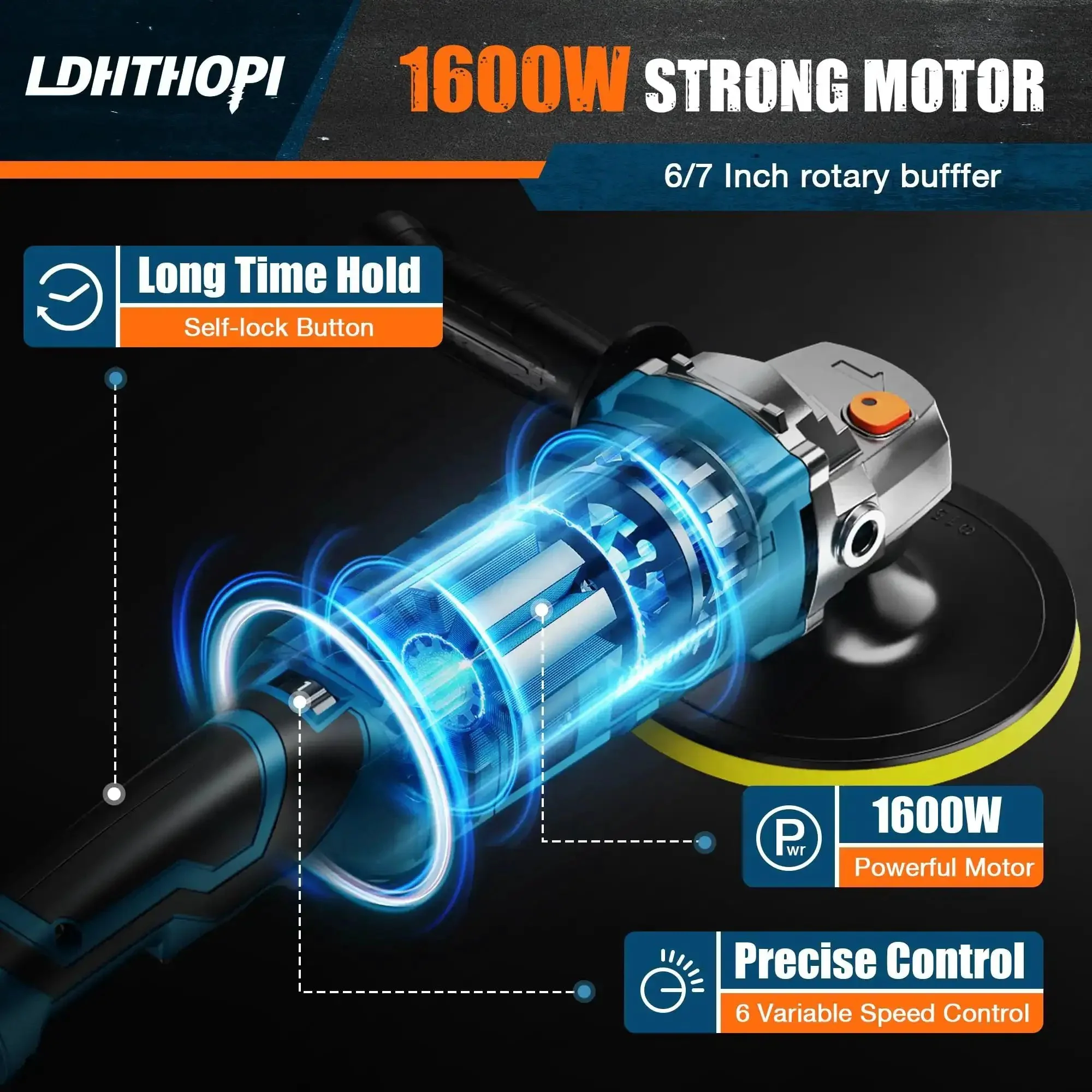 Beast 1600W Rotary Buffer Polisher For Cars And Boats 7 Inch And 6 Inch Heads 7 Variable Speeds 1000-3500 RPM Detachable Handle Waxing Polishing Sanding Pro Tool - Image 7