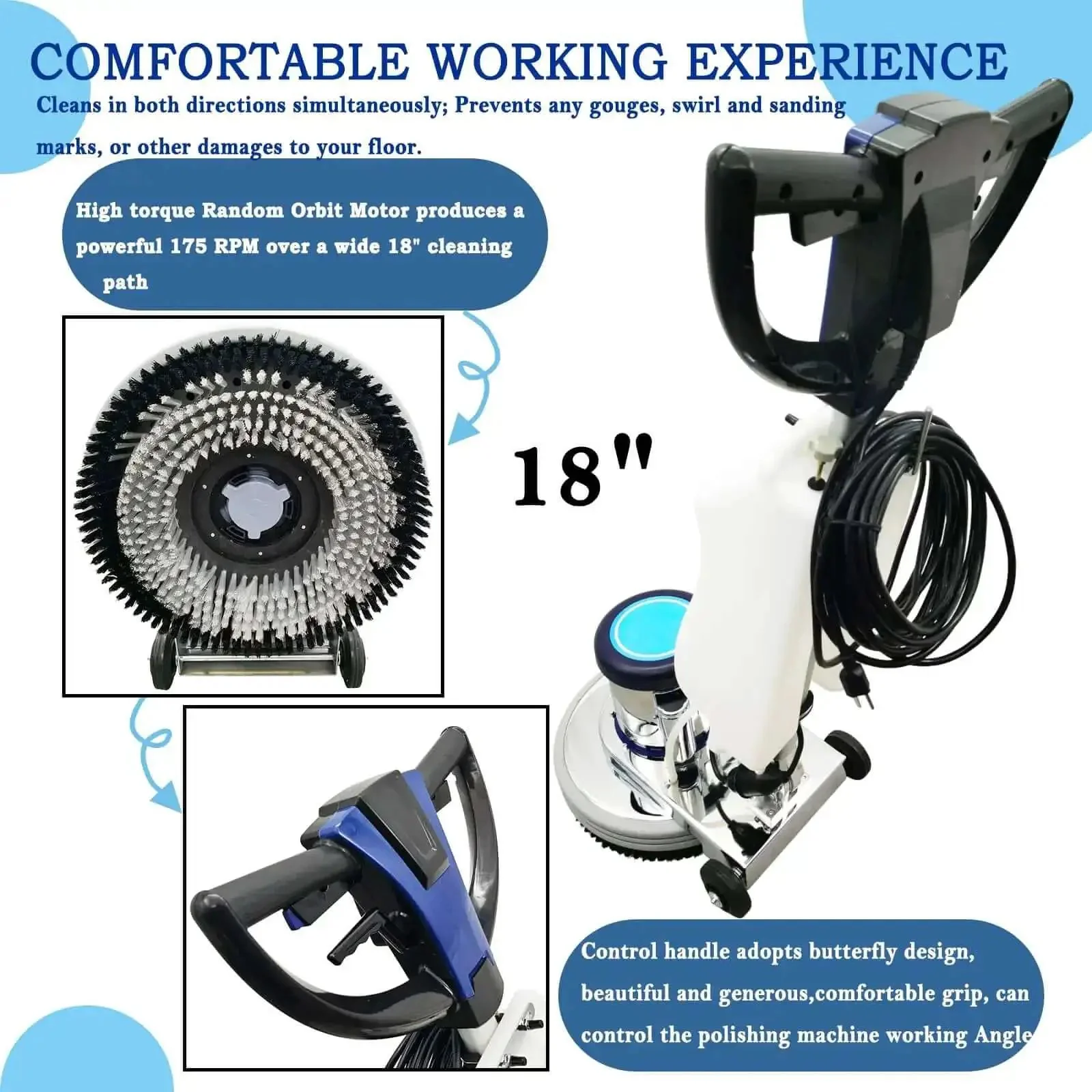 Beast 18 Inch Floor Scrubber And Polisher Pro Grade Multi Surface Cleaner For Wood Tile Epoxy And Carpet Industrial 110V Home Use 1.5HP 175 RPM 12L Tank Low Noise Wide Path Scrubbing - Image 7